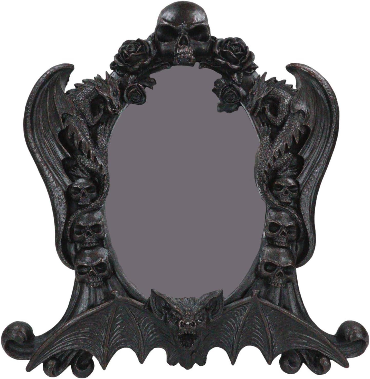 Gothic Black Resin Mirror with Skulls, Roses, and Bats