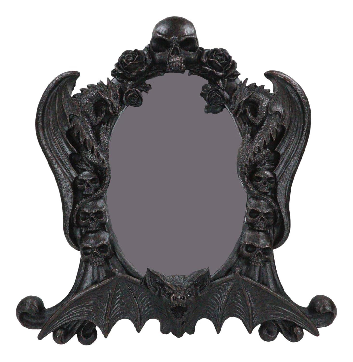 Gothic Black Resin Mirror with Skulls, Roses, and Bats