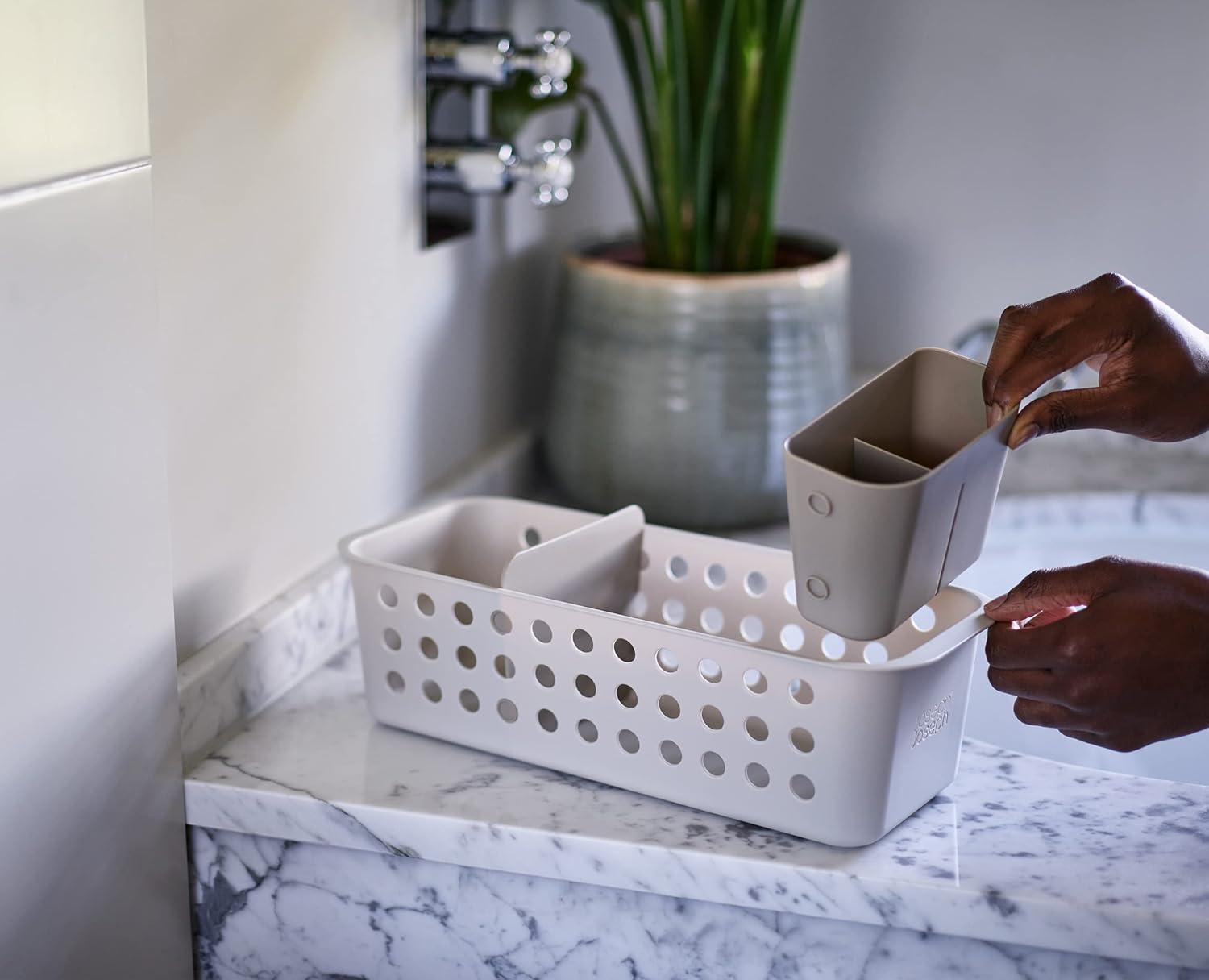 Compact Ecru Plastic Bathroom Storage Basket with Divider