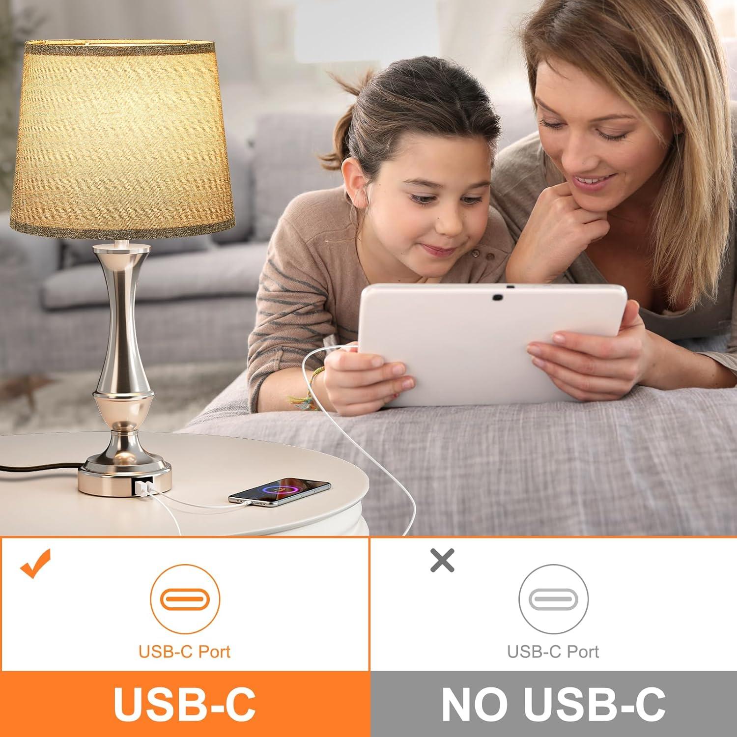Upgraded Touch Lamps for Night Stands Set of 2 - Bedside Lamps with USB C+A, 3 Way Dimmable for Bedroom Living Room End Tables Office (Grey&Nickel)