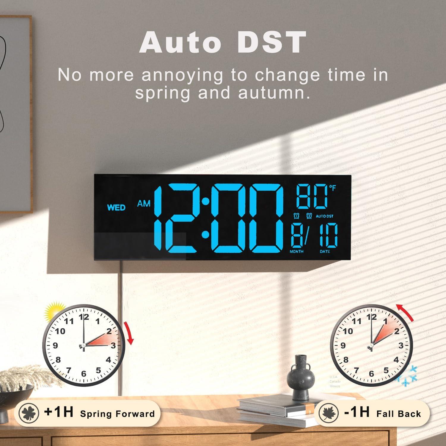 JALL 10.5" Digital Clock with Large Display, Calendar Day and Date, DST, Temperature, Dual Alarms, for Desk, Wall Mounted, Living Room, Bedroom, Gift for Elderly, Seniors, Dementia