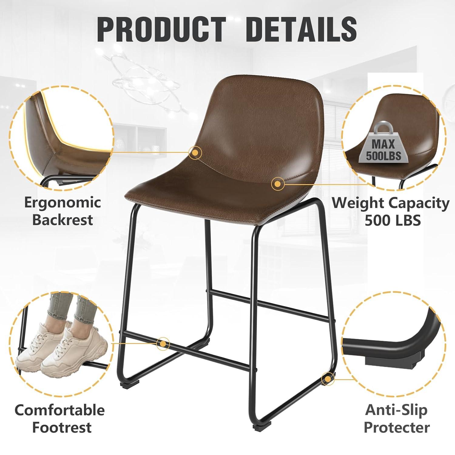 Bennium Counter Stools Set of 2, 24 inch Counter Height Bar Stools Hold up to 500 lbs, Armless Counter Height Chairs with Metal Legs & Soft Backrest for Kitchen Island Coffee Shop, Brown