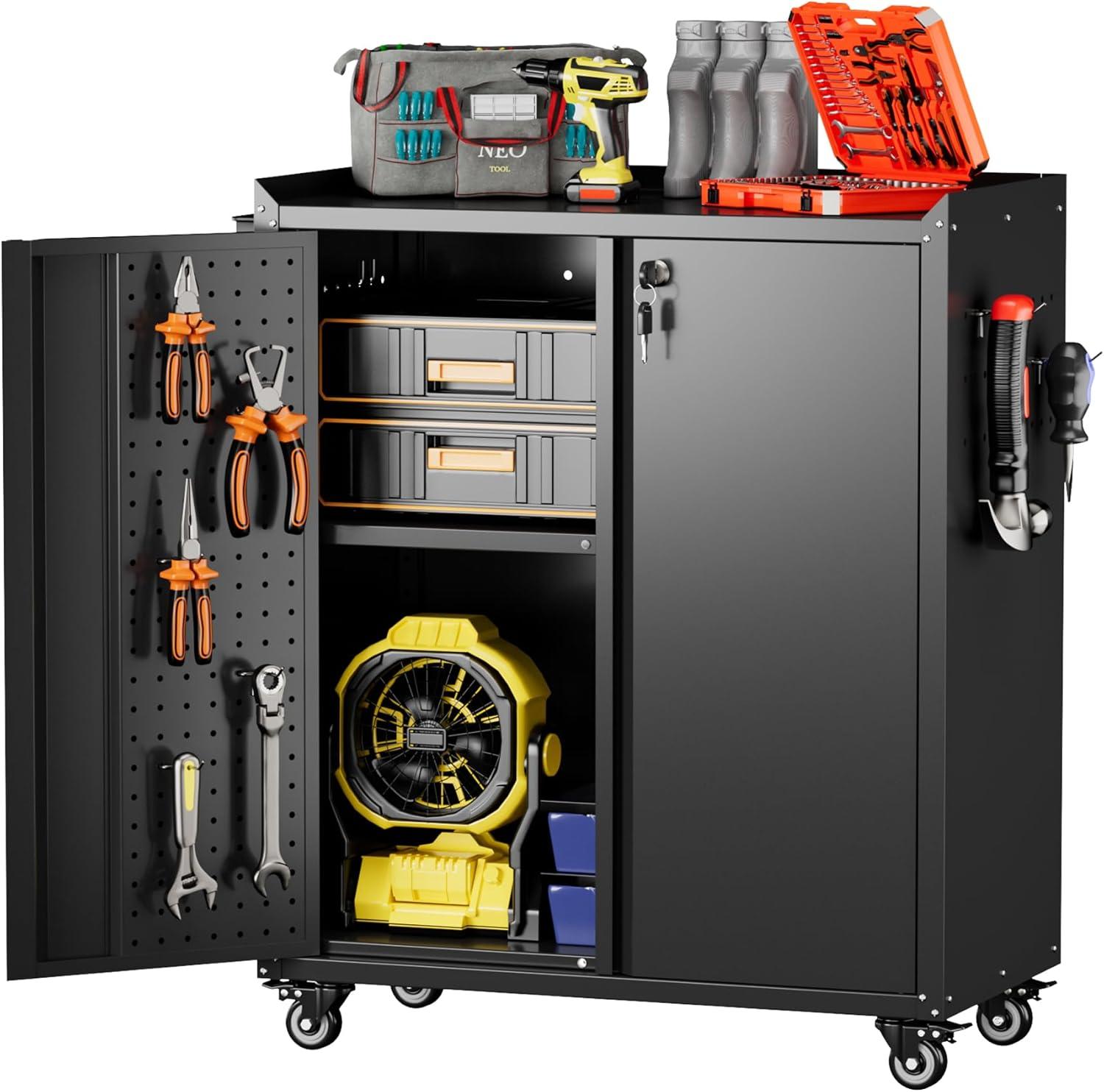 AOBABO 72 Inch Locking Metal Garage Home Office Storage Cabinet with Universal Rubber Wheels/Lockable Casters and Magnetic Doors, White