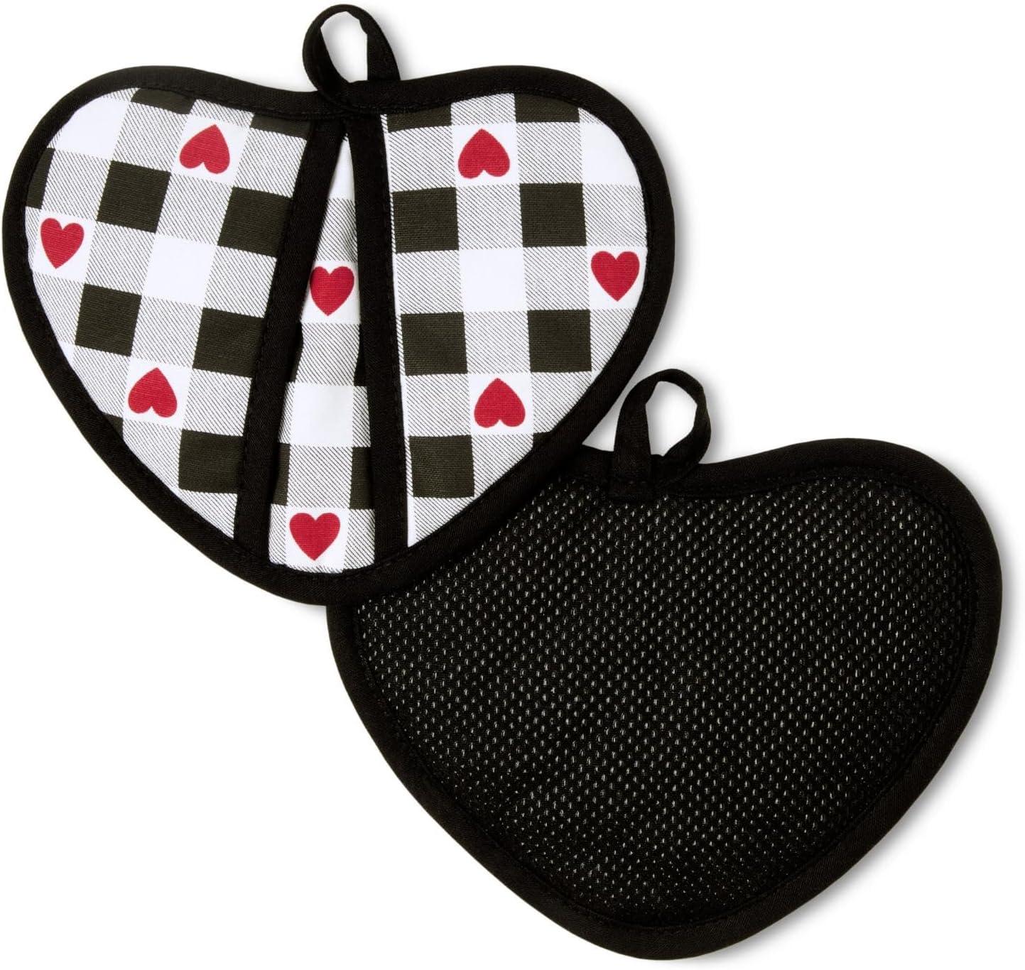 MARTHA STEWART Love Check Gingham Heart Shaped Pot Holder 2-Pack Set, 100% Cotton, Heat Resistant with Flexible Silicone Grip, Valentine’s Day Décor, Black/White/Red, 7”x8.5” (Set of 2)