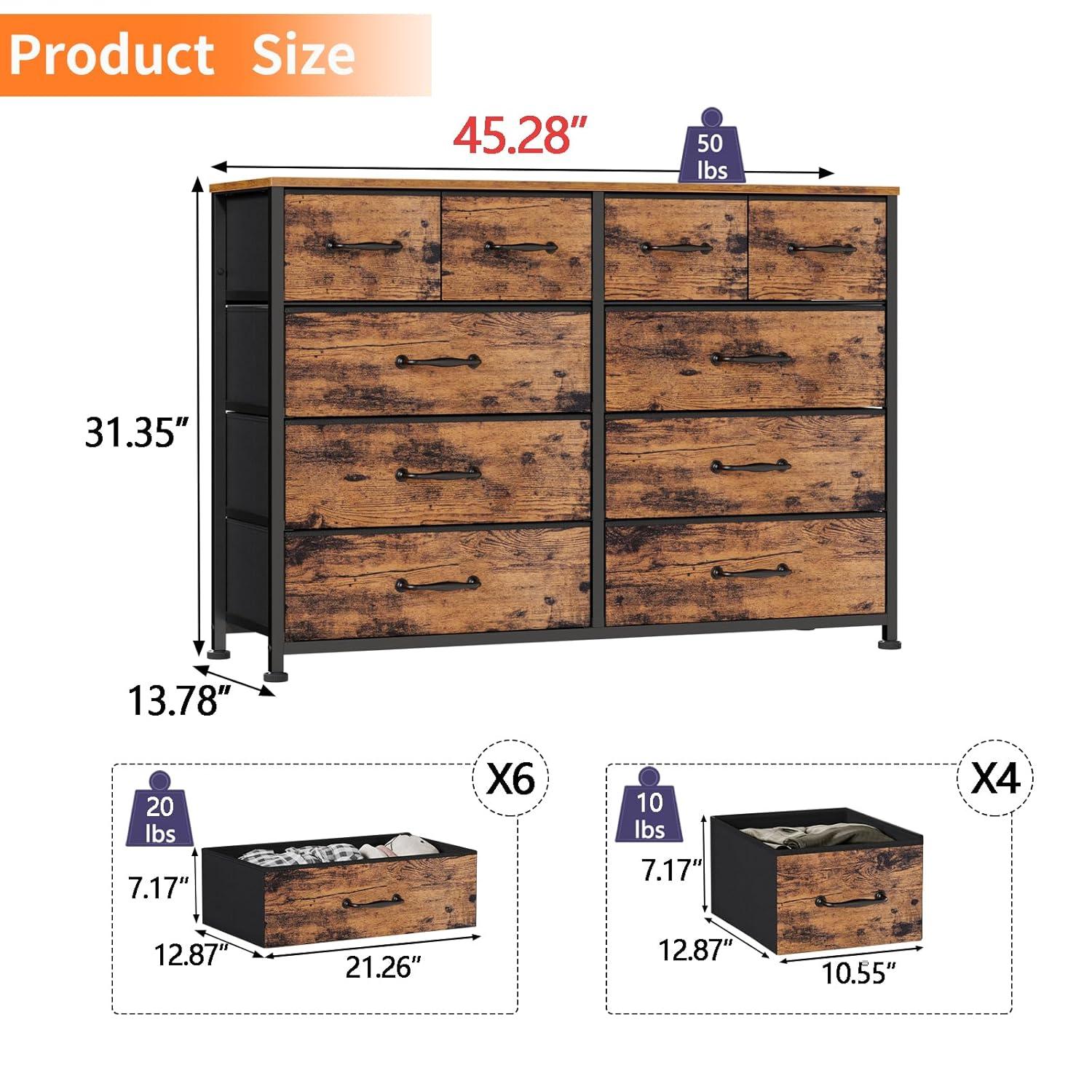 Furnulem Bedroom Dresser for 55”Long TV Stand,10 Storage Organizer Dressers & Chests of Drawers, Sturdy Metal Frame & Wood Top Tall Storage Cabinet for Bedroom Closet Living Room Entryway Rustic Brown