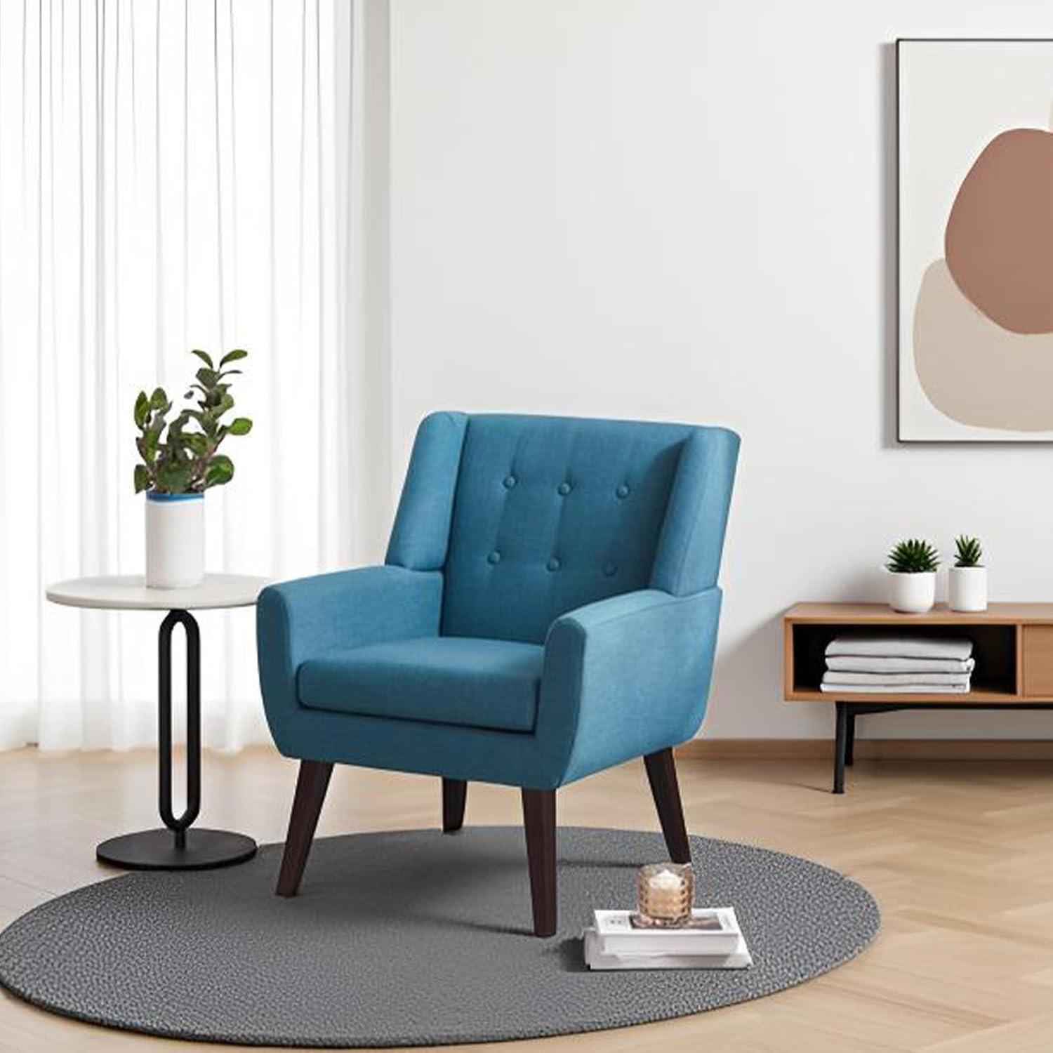 HUIMO Modern Linen Upholstered Armchair Tufted Accent Chair Lake Blue