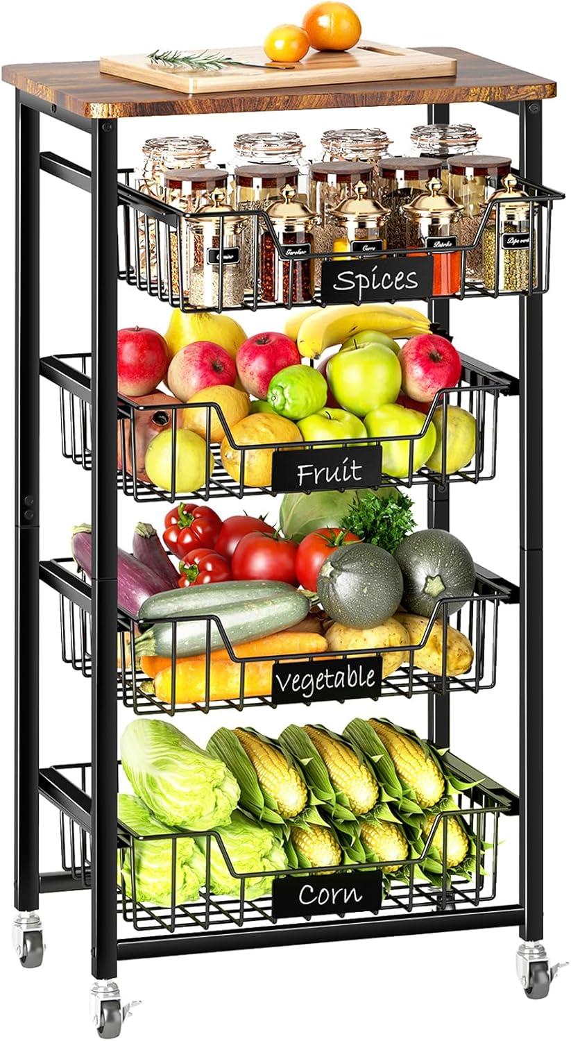 5-Tier Vegetable Fruit Basket Kitchen Storage Rolling Cart on Wheels with Pull-Out Baskets and Wood Top for Kitchen Diningroom Pantry