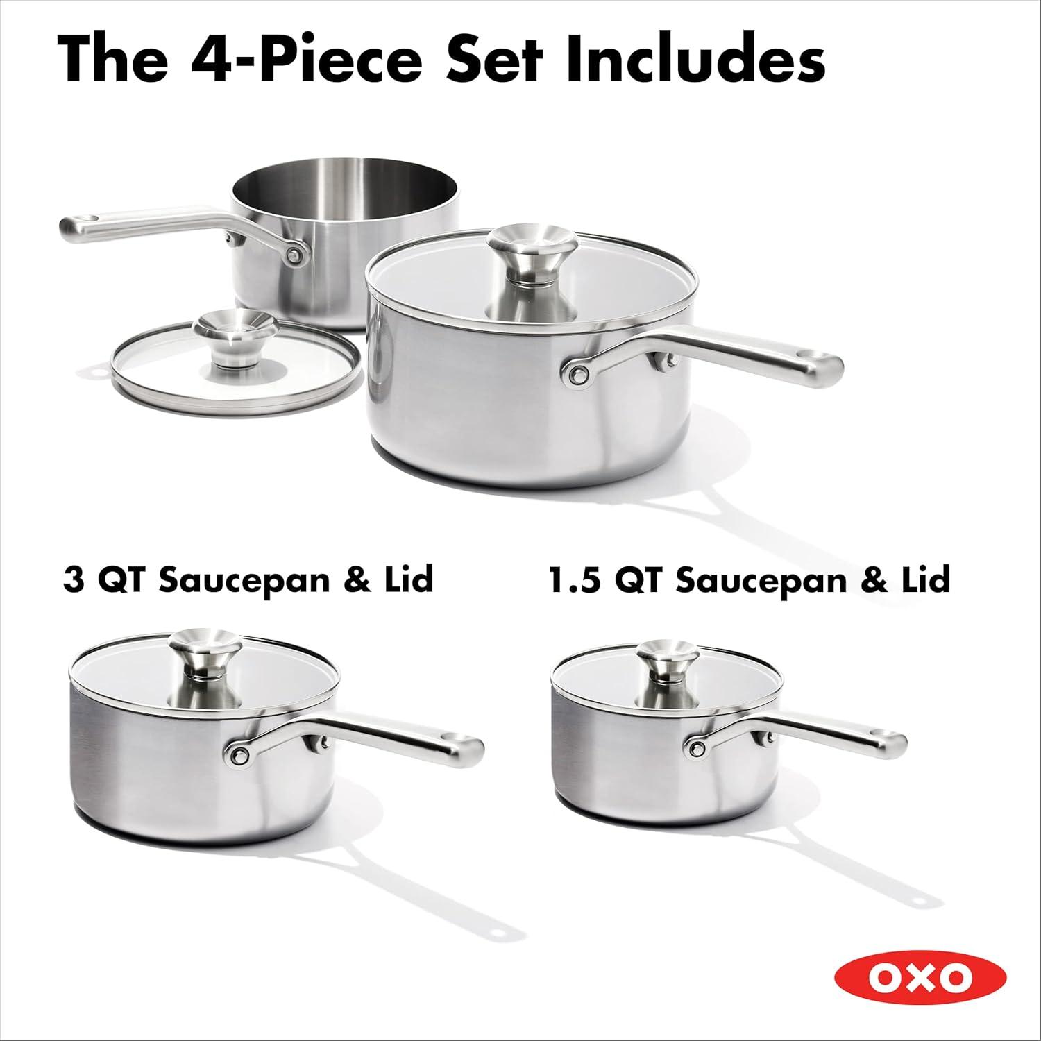 OXO Mira 3-Ply Stainless Steel Saucepan Set, 1.6 Qt And 3.25 Qt