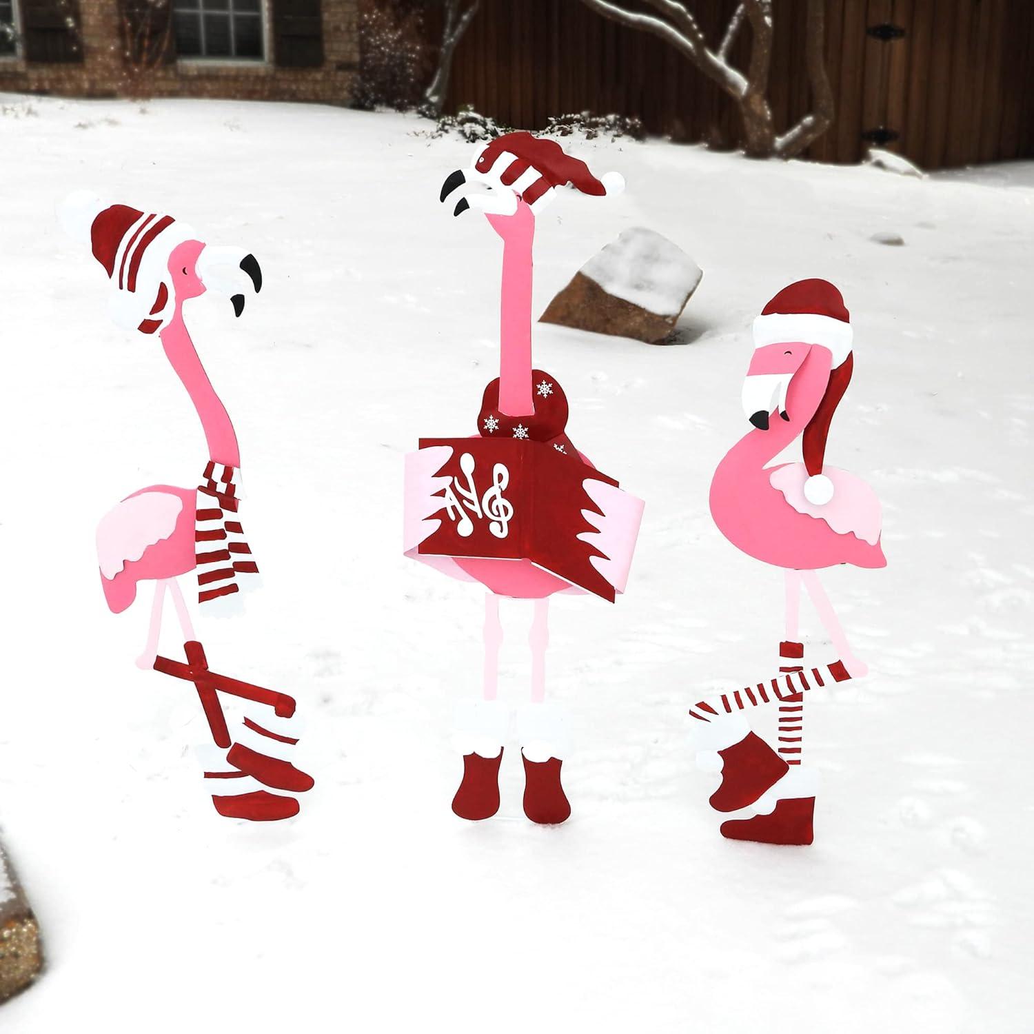 Festive Metal Christmas Caroling Flamingo Trio Yard Decor