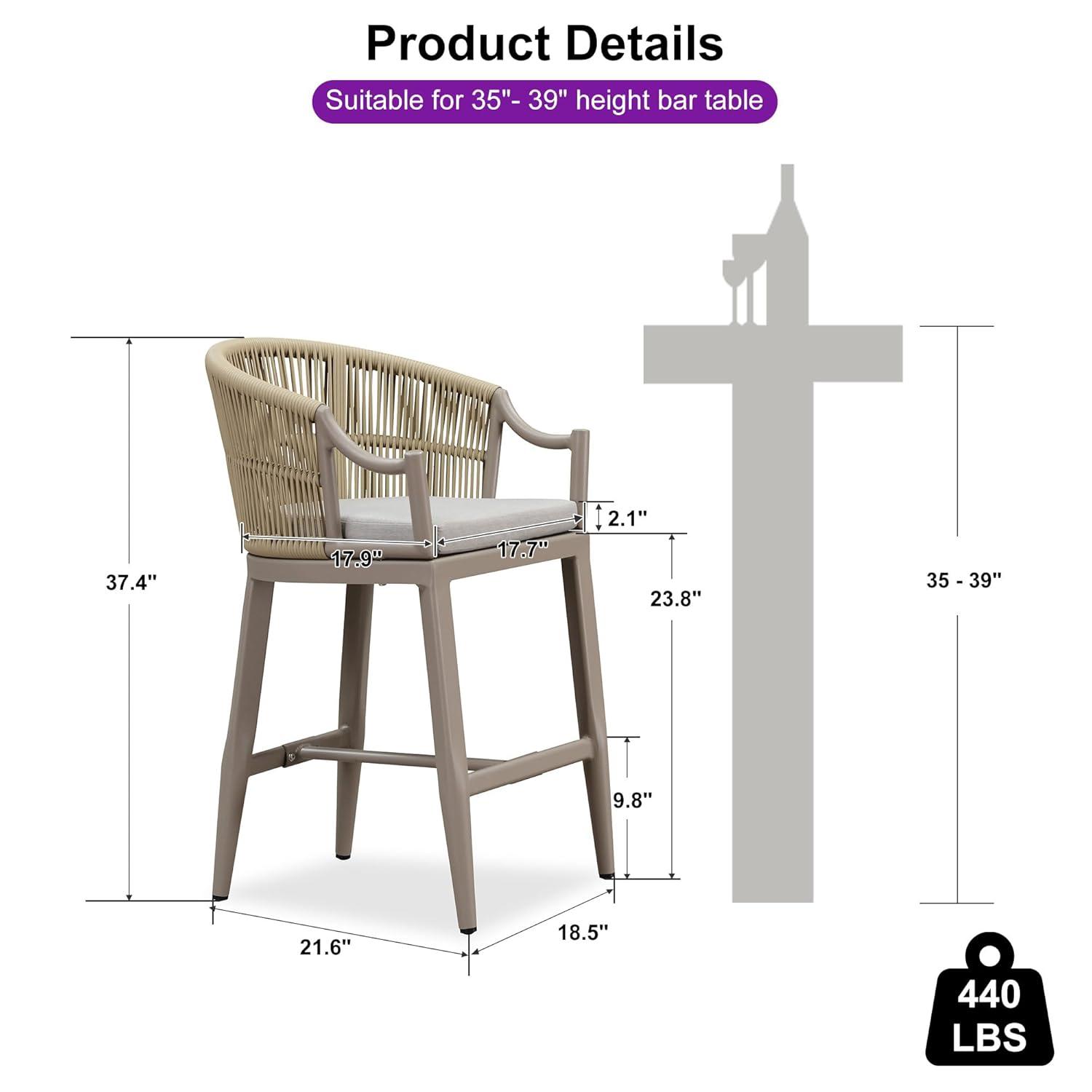 PURPLE LEAF Counter Height Bar Stools Set of 2 Patio Rattan Bar Stool Chairs Outdoor Modern Boho Barstools with Backs and Ergonomic Armrest for Balcony Garden Indoor Kitchen Island, Champagne