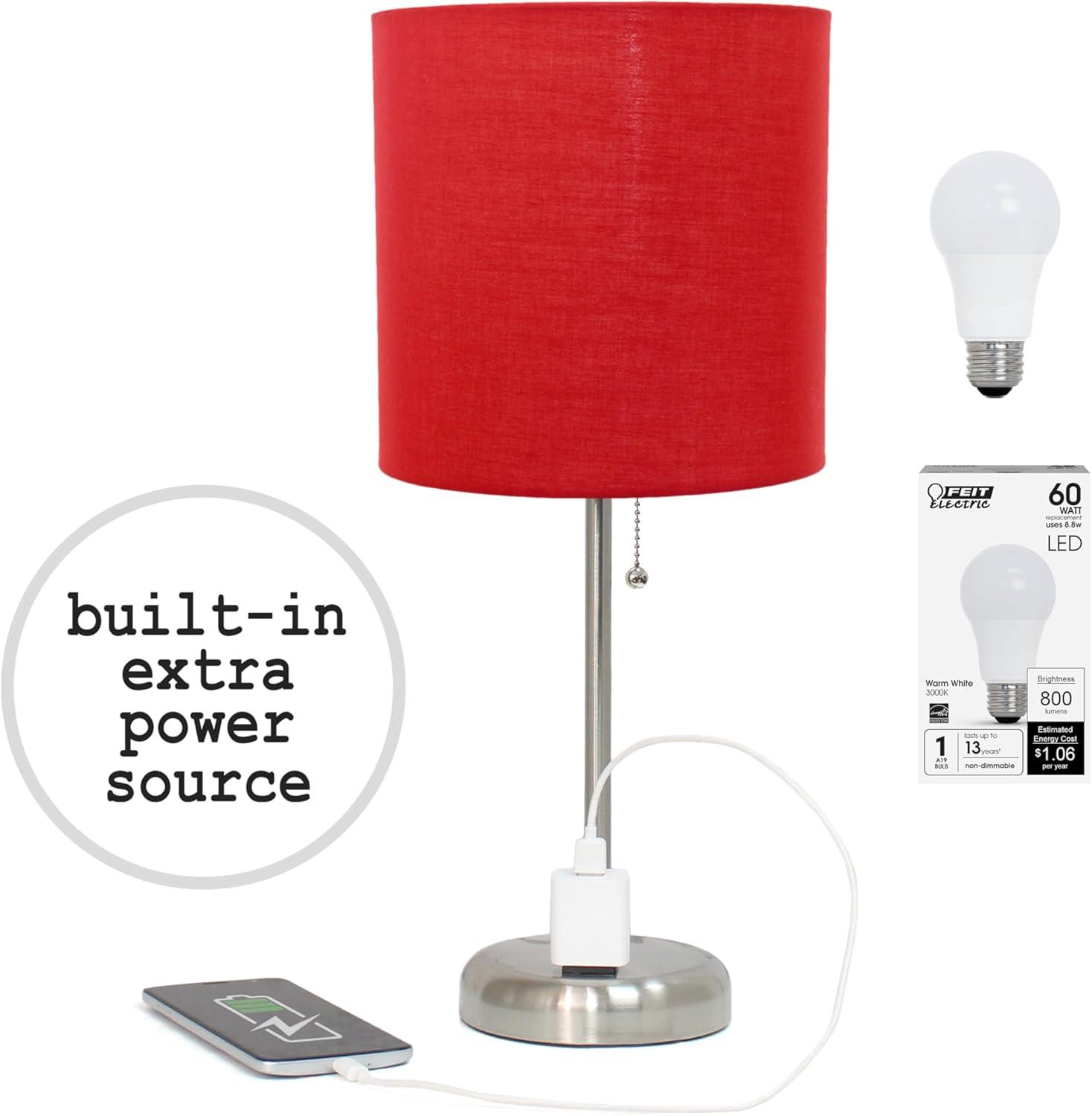 Brushed Steel Stick Table Lamp with Red Drum Shade and USB Port