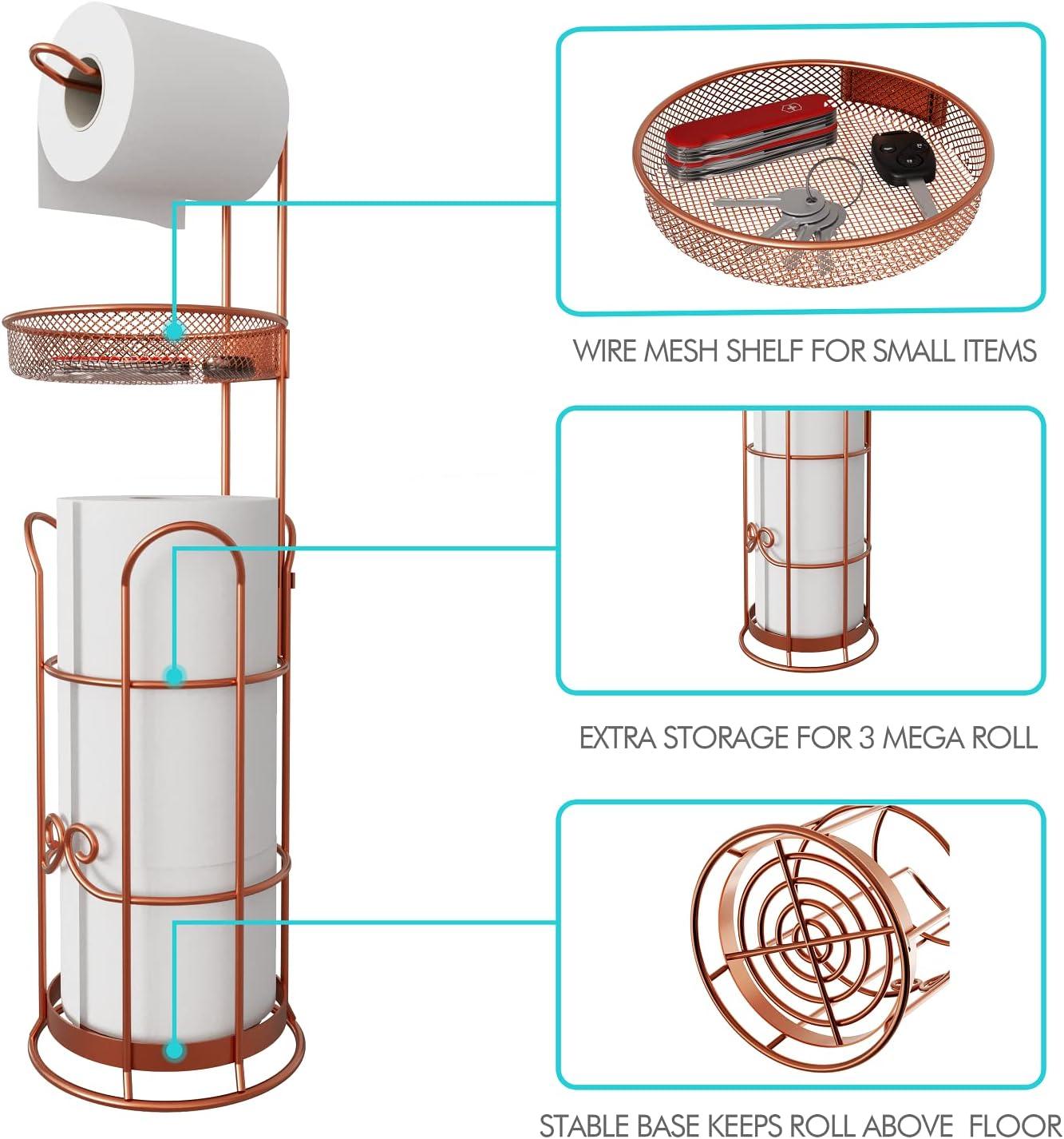 Copper Freestanding Toilet Paper Holder with Shelf and Dispenser