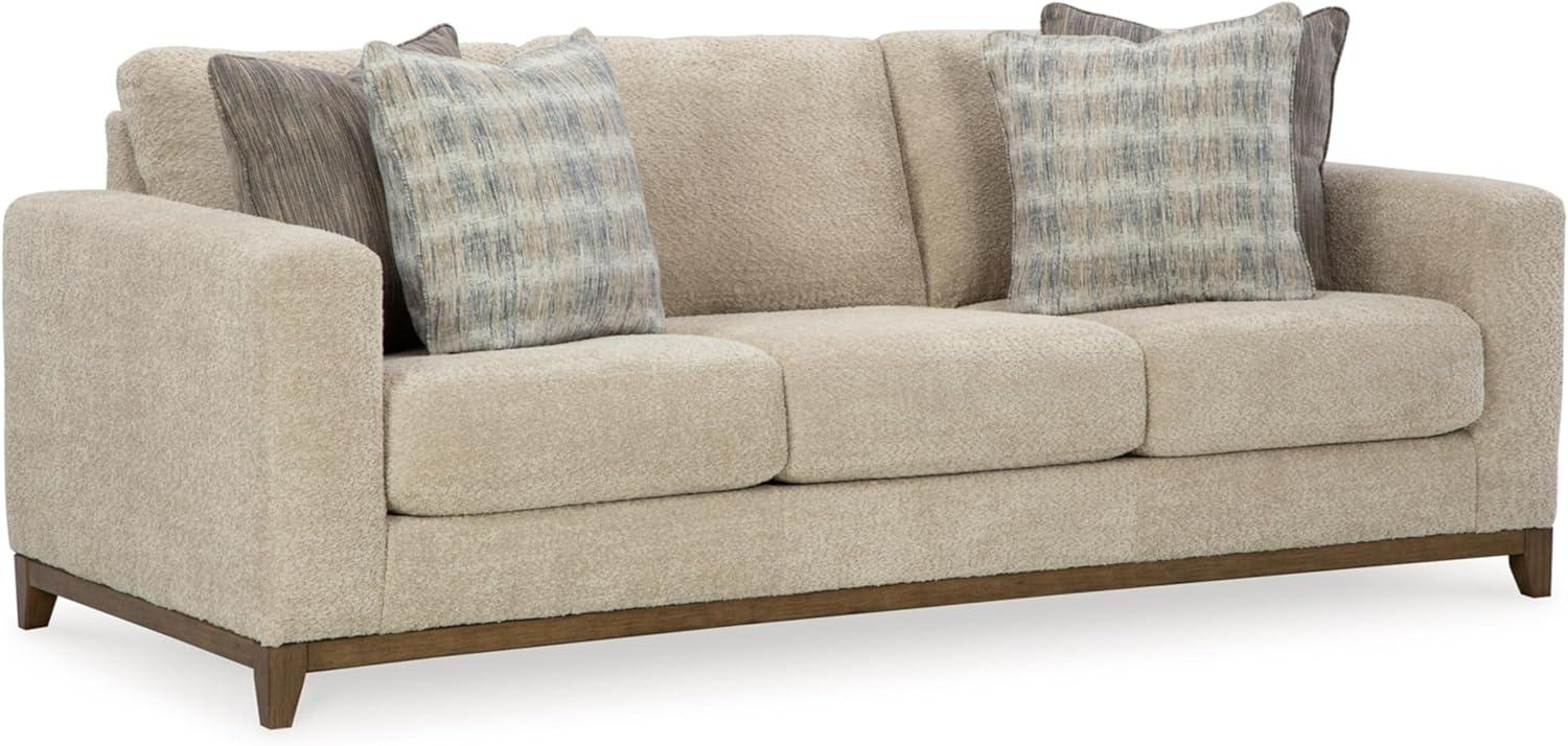 Beige Fabric Stationary Sofa with Wood Trim