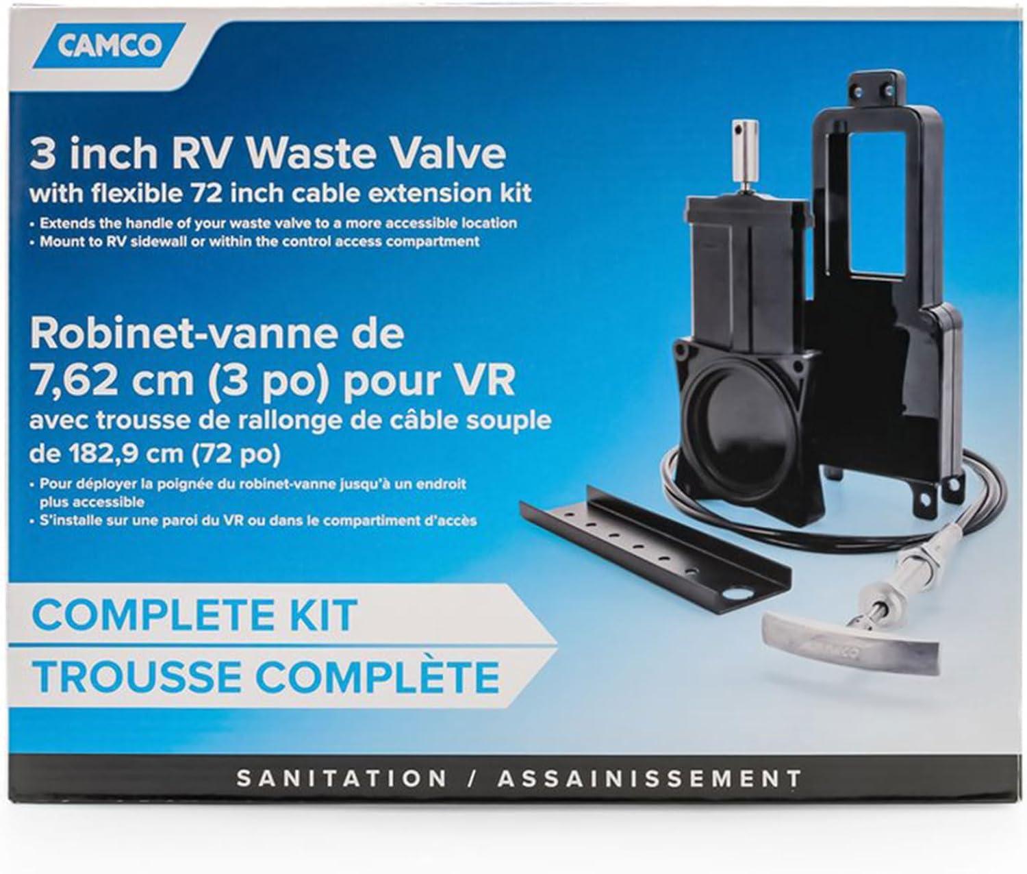 Camco RV Sanitation System 3" Waste Valve with 72" Cable Extension Kit for Sidewall or Control Access Compartment Mount Installation