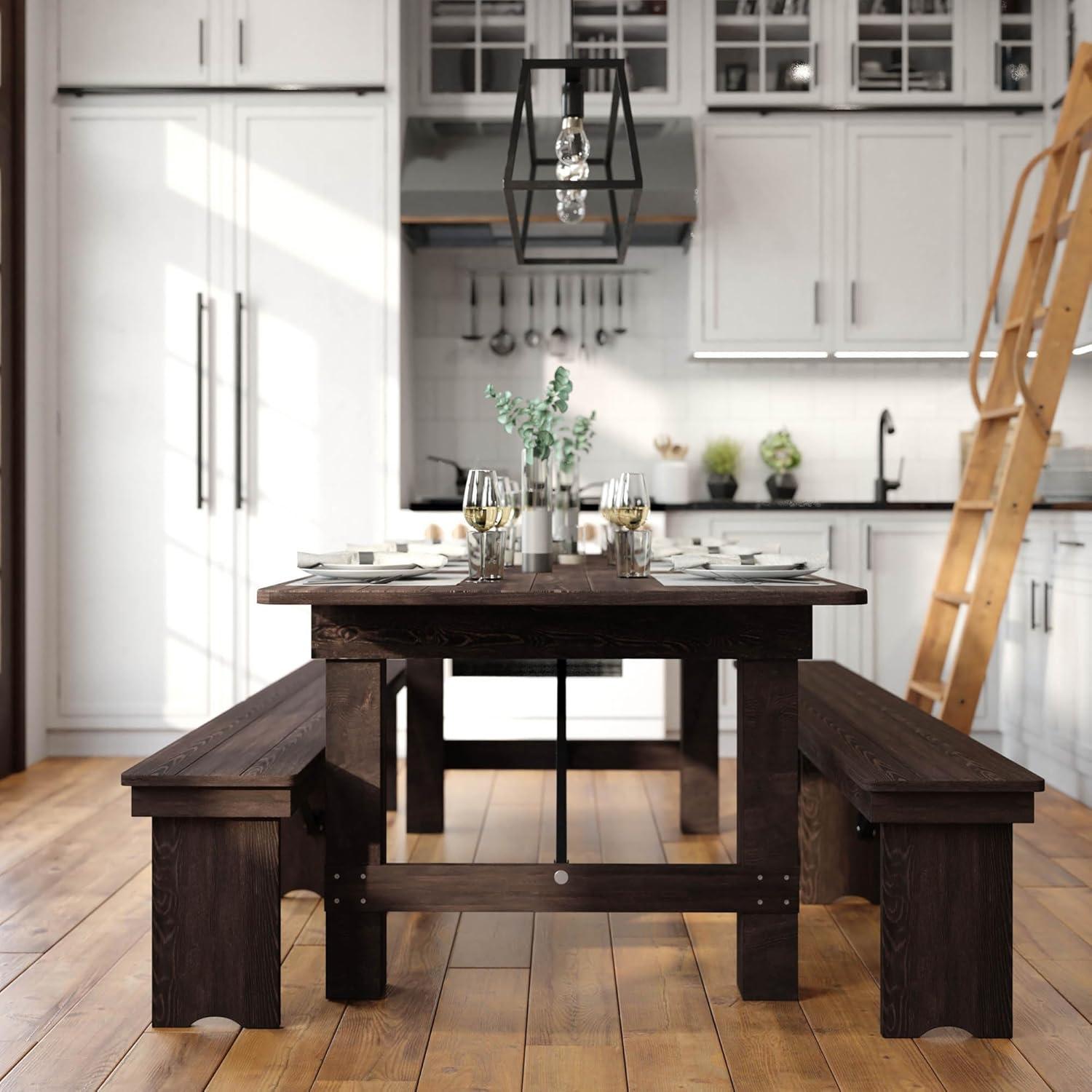 7' x 40'' Rectangular Solid Pine Folding Farm Dining Table in Black Wash Finish