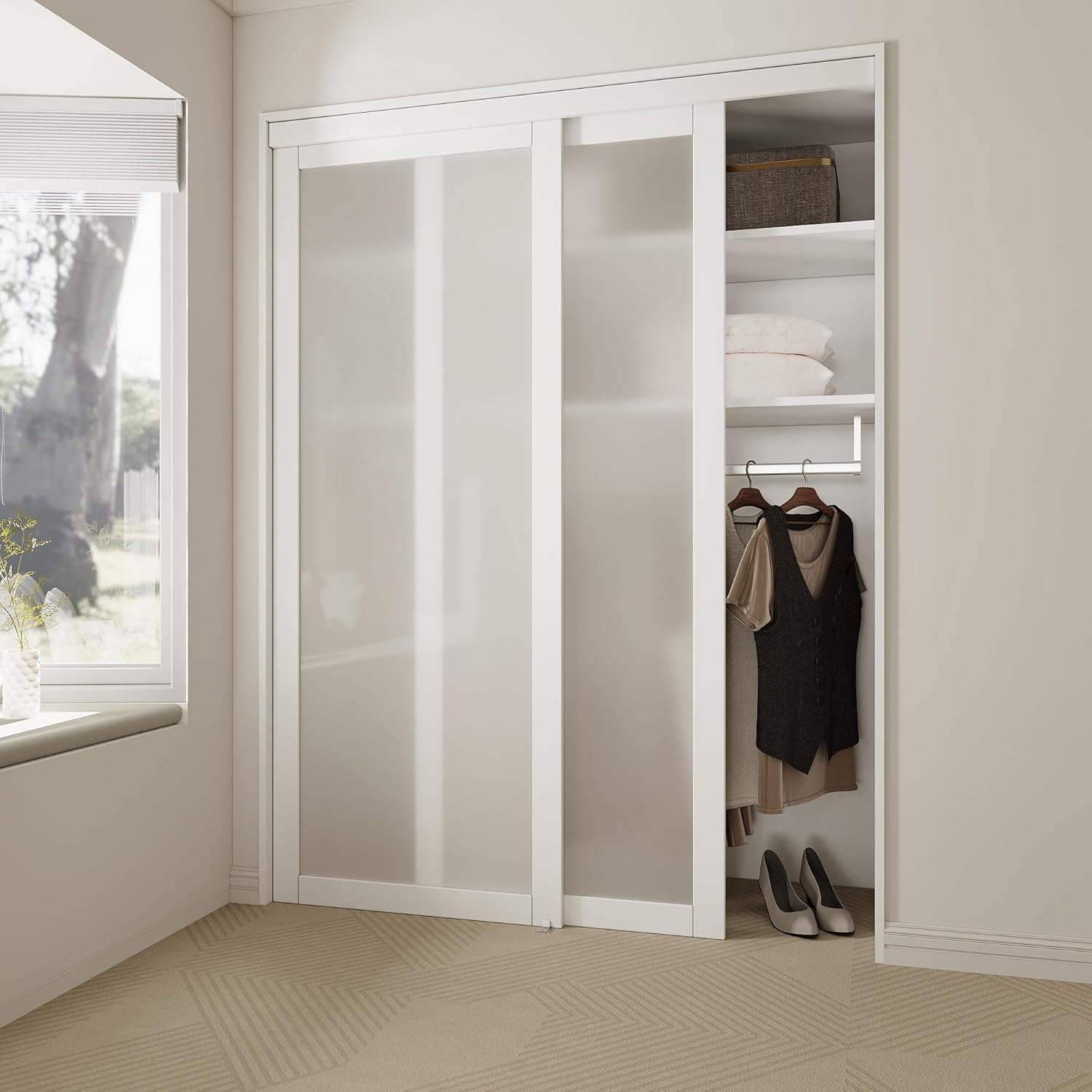 JUBEST 5-Lite Frosted Glass Sliding Closet Doors With Installation Hardware Kit