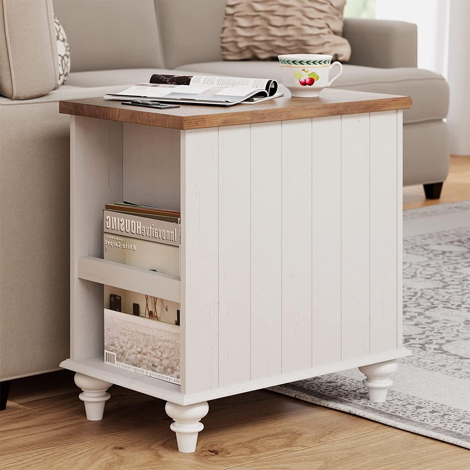 WAMPAT 2 Pack End Tables with Charging Station, Farmhouse Side Table with Drawer & Storage Cabinet, White Nightstand with Power Outlets & USB Ports for Living Room, Bedroom