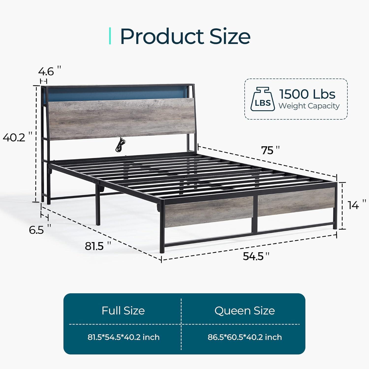 Linsy Home Queen Size Platform Bed Frame with Headboard and 3 Storage Shelves, Metal Bed with Lights, Outlets & USB, Light Grey, Mattress Not Included