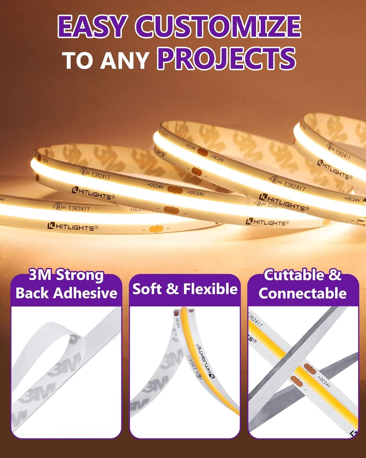 HitLights COB LED Strip Lights Warm White 3000K, 16.4ft Premium High Density 24V Tape Light, 2560 LEDs, 350+ LM/FT, CRI 90+, IP30, Lighting for Kitchen, Cabinets, UL Listed (Power Source Not Included)
