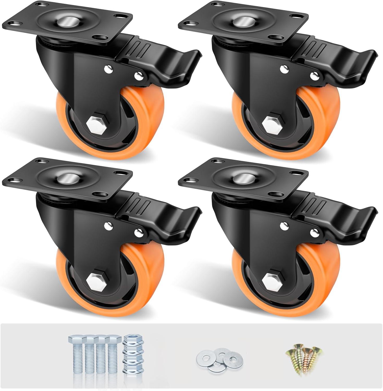 3-Inch Orange Polyurethane Swivel Plate Casters with Brakes, Set of 4