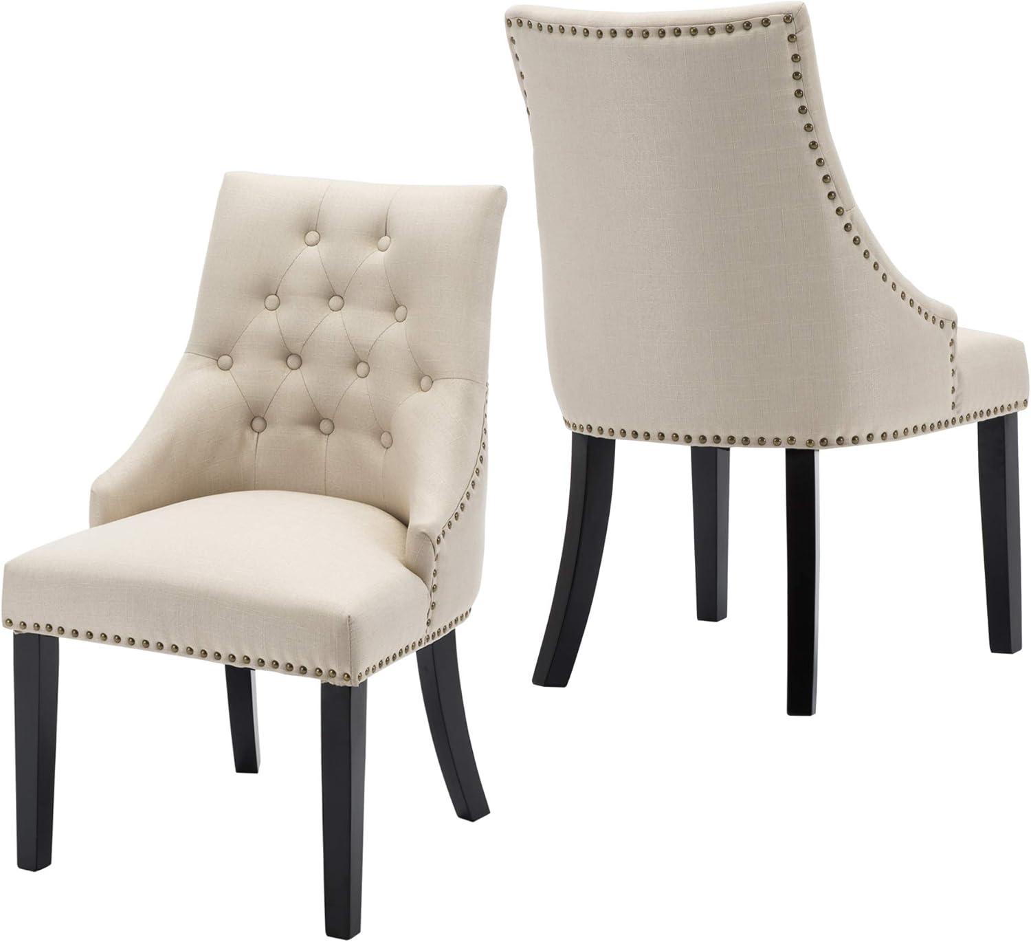 Xayoca Dining Chairs Set of 2,Upholstered Velvet Dining Room Chairs with Button-Tufted Decoration,Modern Kitchen Chairs with Nailhead Solid Wood Legs for Kitchen/Bedroom/Dining Room（Beige）