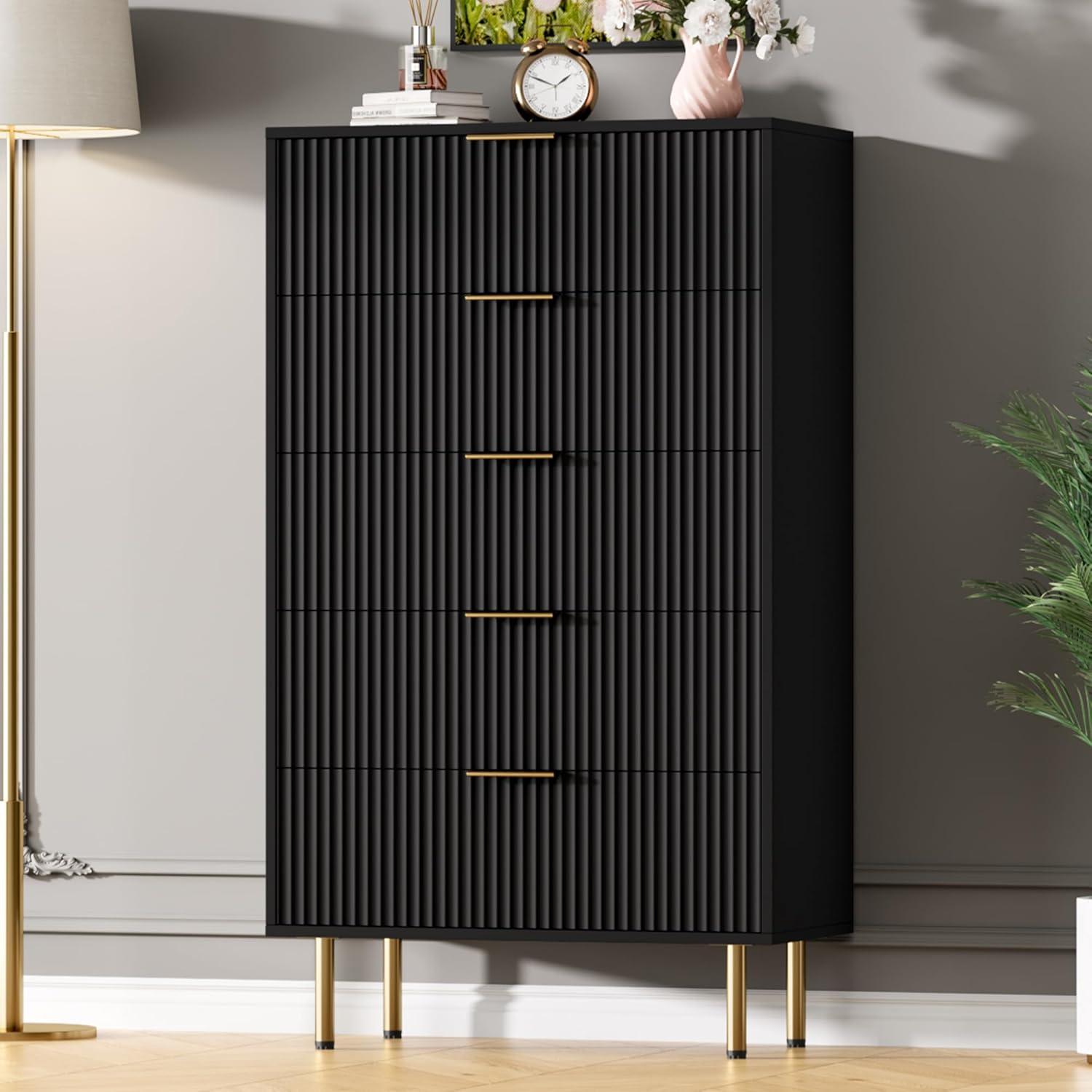 Garvee Fluted Wood Dresser 6 Drawers Dresser for Bedroom, Large Modern Chest of Drawers, Black Dresser with Gold Handle,for Living Room, Hallway