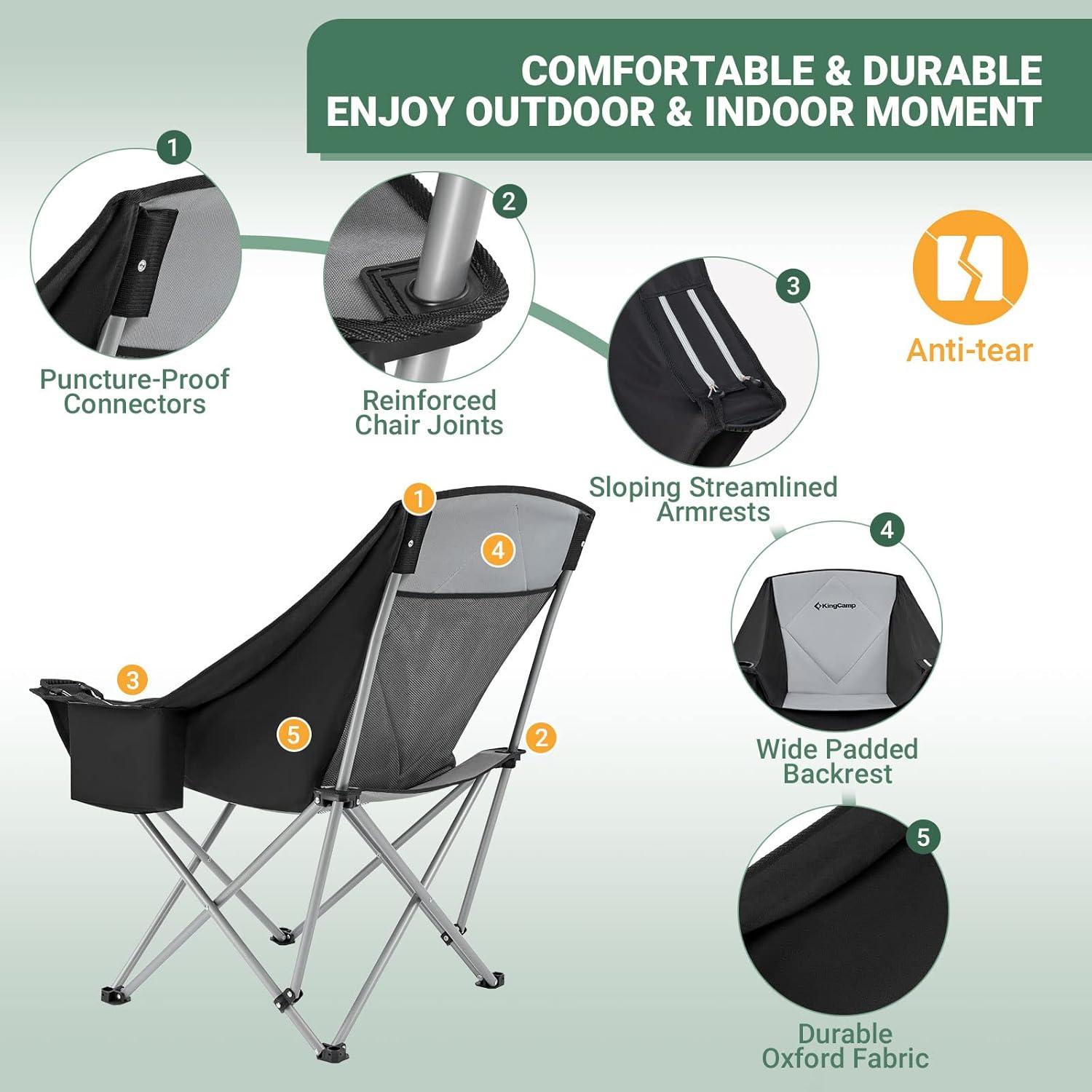 KingCamp Oversized Folding Camping Chair Portable Saucer Round Chairs Outdoor Padded Sofa Chair for Adult, Black