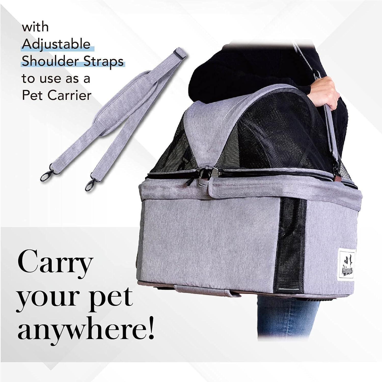 Ibiyaya  Travois Tri-fold Pet Travel System 3-in-1 Detachable Pet Stroller-Carrier for Small to Medium-Sized Dogs & Cats, Nimbus Gray