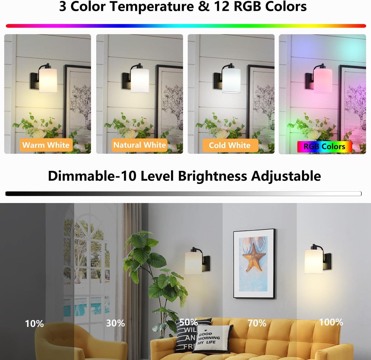 Latitude Run® Battery Operated Wall Sconce Set Of 2, Wireless Rechargeable Wall Lights, Glass Wall Lamps With Remotes And Dimmable RGB LED Bulbs, No Wiring Indoor Sconces Wall Decor For Bedroom Living Room Hallway