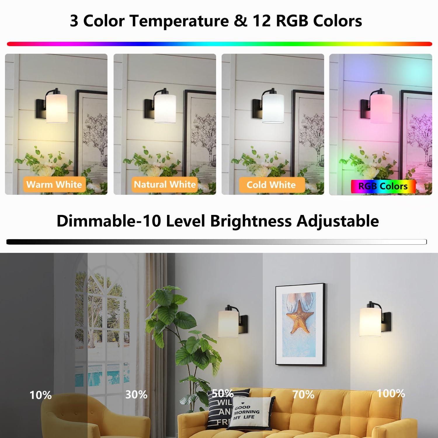 Latitude Run® Battery Operated Wall Sconce Set Of 2, Wireless Rechargeable Wall Lights, Glass Wall Lamps With Remotes And Dimmable RGB LED Bulbs, No Wiring Indoor Sconces Wall Decor For Bedroom Living Room Hallway
