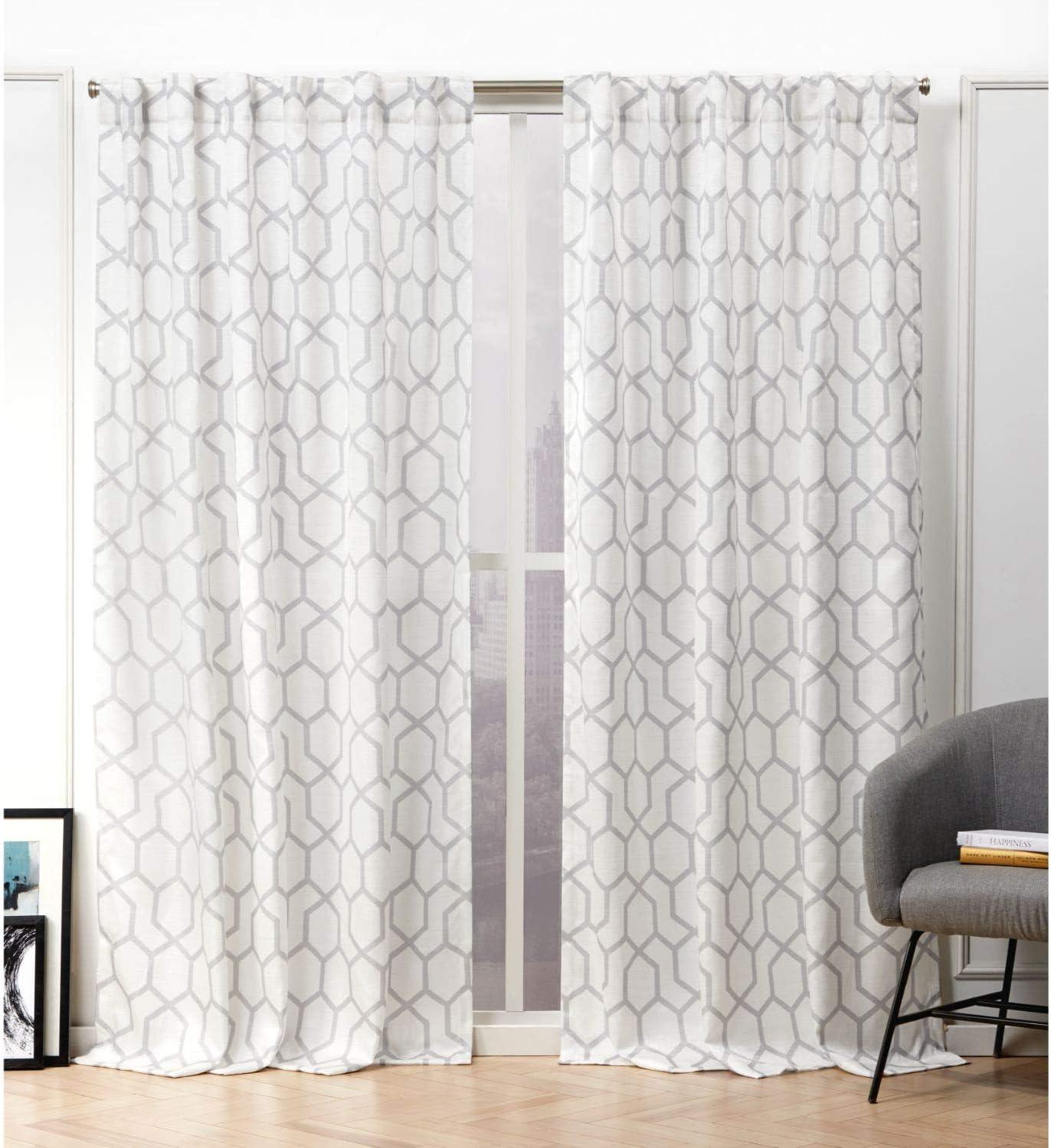 Dove Grey Geometric Print Light-Filtering Linen Blend Curtain Panel Pair