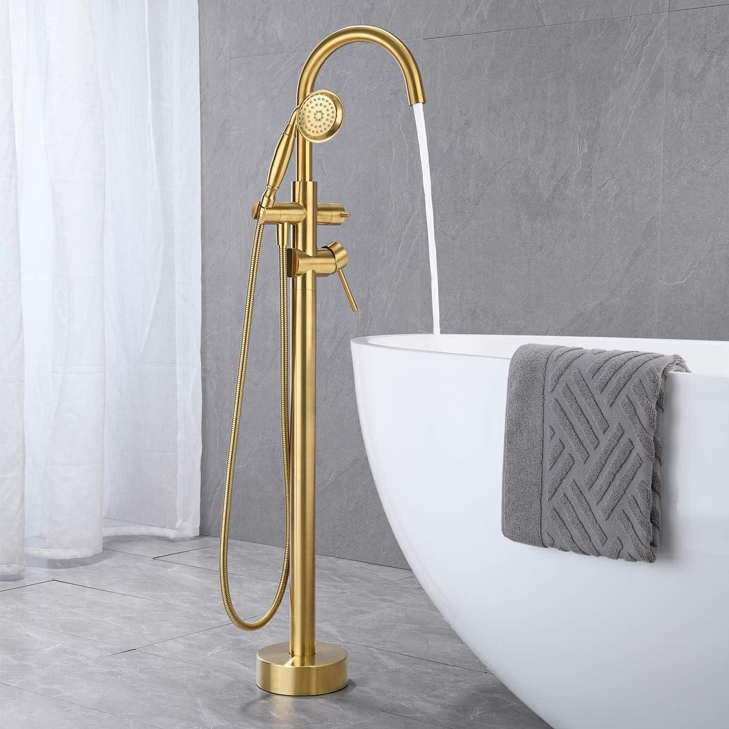 Brushed Gold Freestanding Brass Bathtub Faucet with Hand Shower