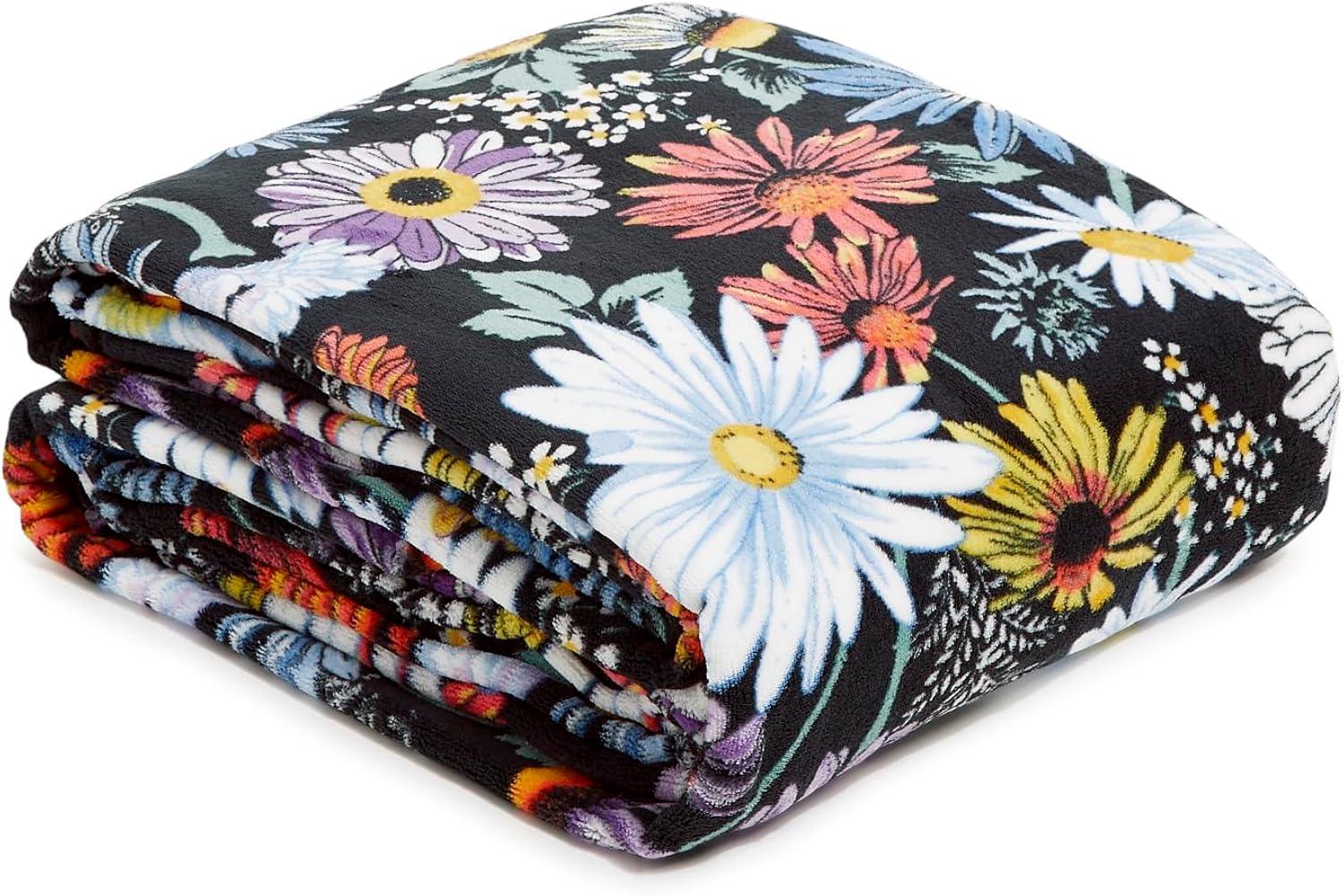 Oversized Black Floral Fleece Plush Throw Blanket