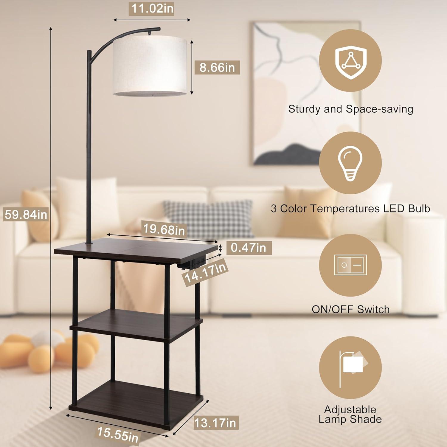 PESRAE Floor Lamp with Table, End Tables with Charging Station(USB & Type-C & AC Port), 3 Color Temperatures 9W LED Bulb, Modern Shelves Side Table for Bedroom, Living Room