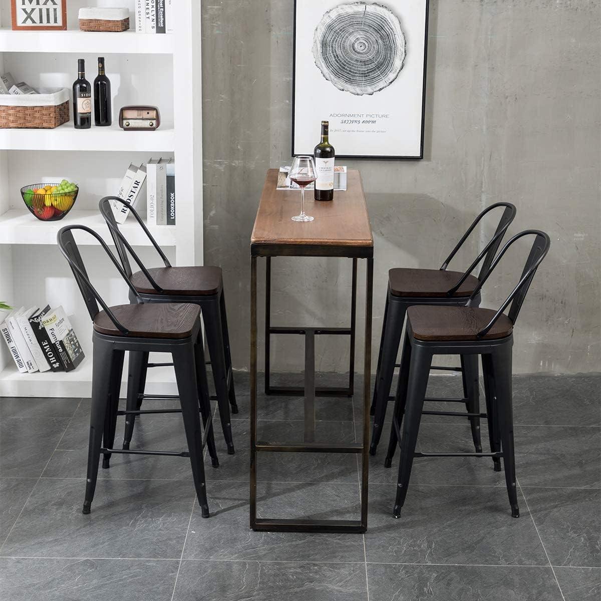 Black Metal Swivel Bar Stools with Wooden Seat, Set of 4