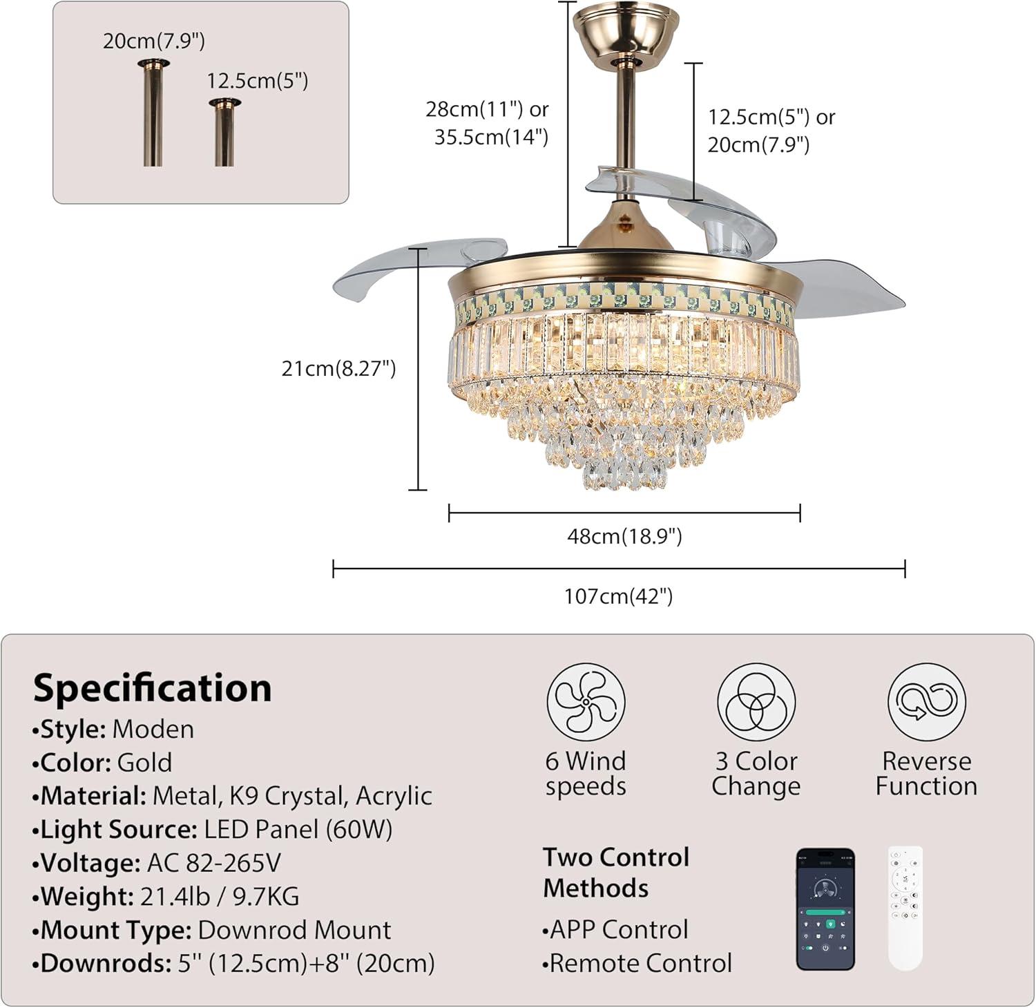 HOOMEDELIER 42" Chandelier Ceiling Fan with Remote, Crystal Beads Framed Fan with 4 Retractable Blades Smart Indoor Fandelier Fan