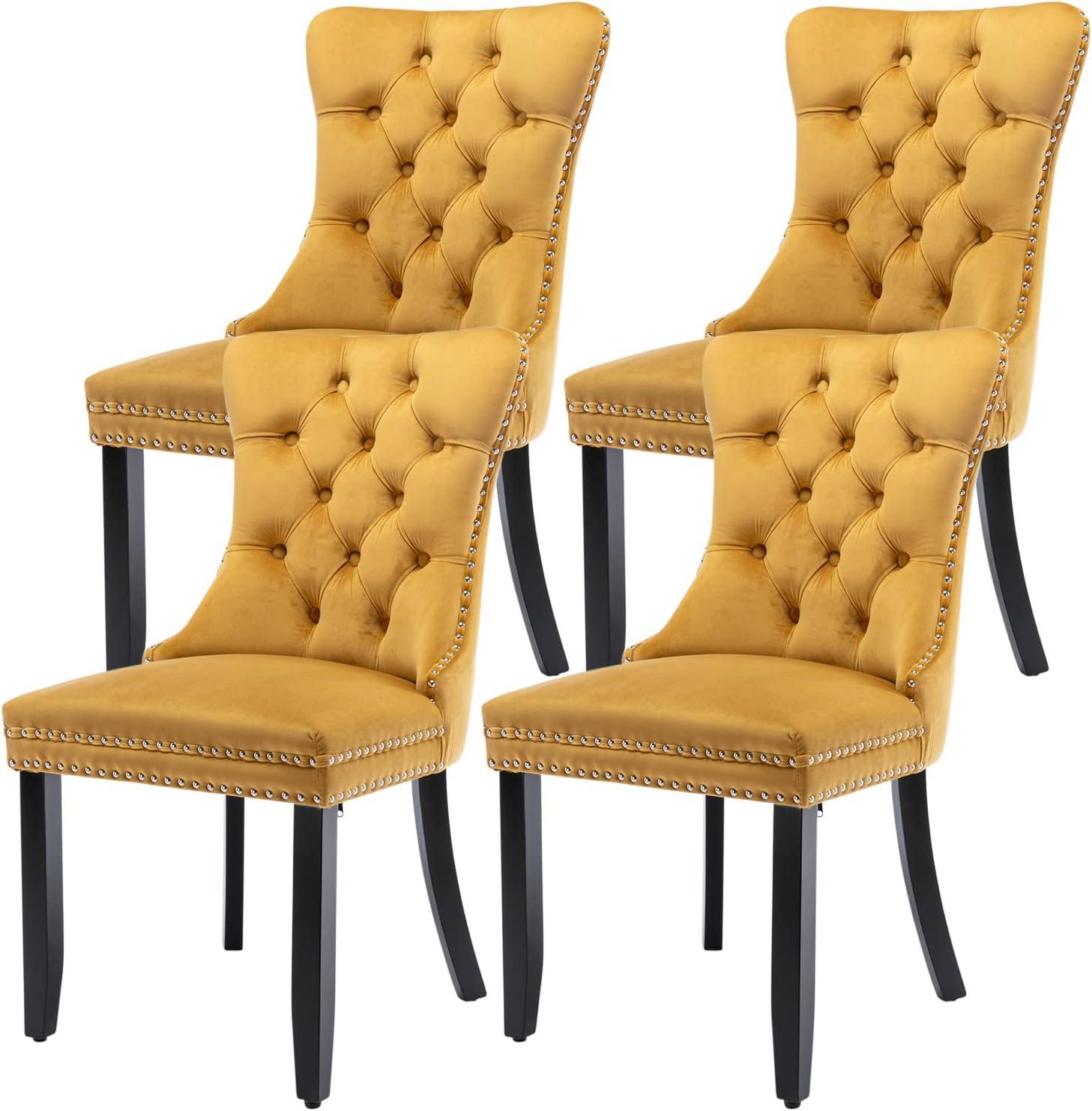 ODUSE-DAILY Yellow Velvet Dining Chairs Set of 4, Kitchen & Dining Room Chairs, Sillas De Comedor, Nailheads Tufted, Fabric Upholstered, Solid Wood (Gold, 4 Pcs)