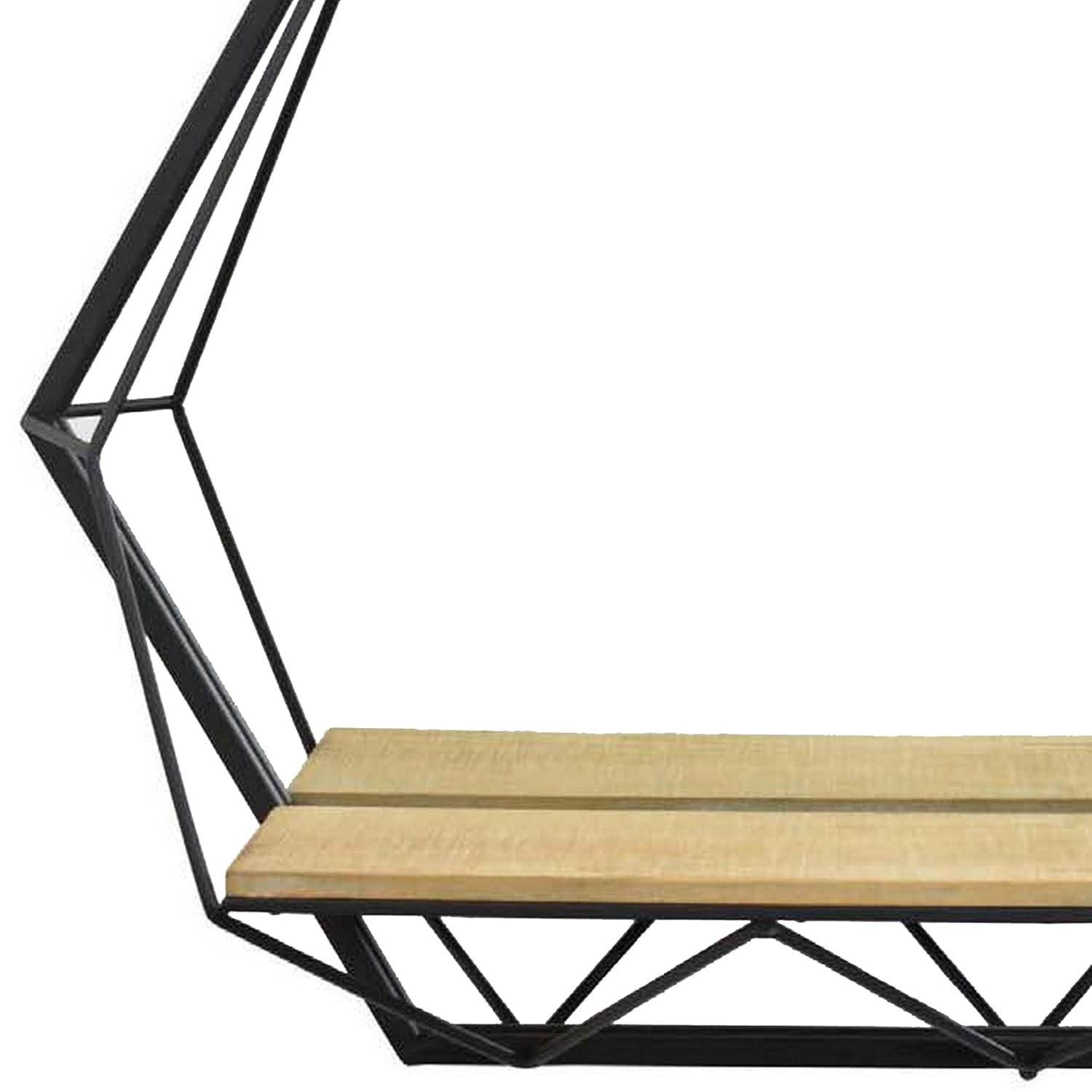 Hexagon Black Metal Frame with Light Brown Wood Shelf Wall Mirror