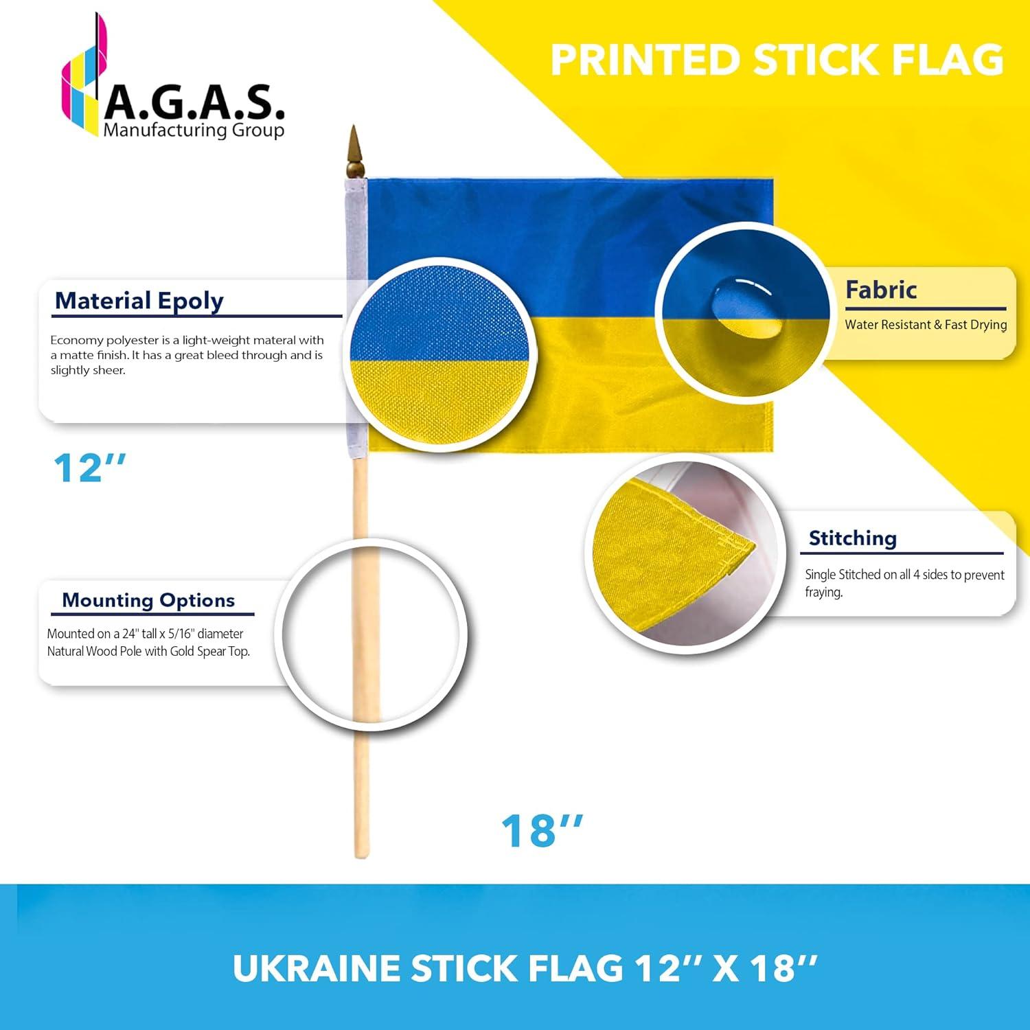 Ukraine 12" x 18" Polyester Flag with Wooden Stick and Spear Tip