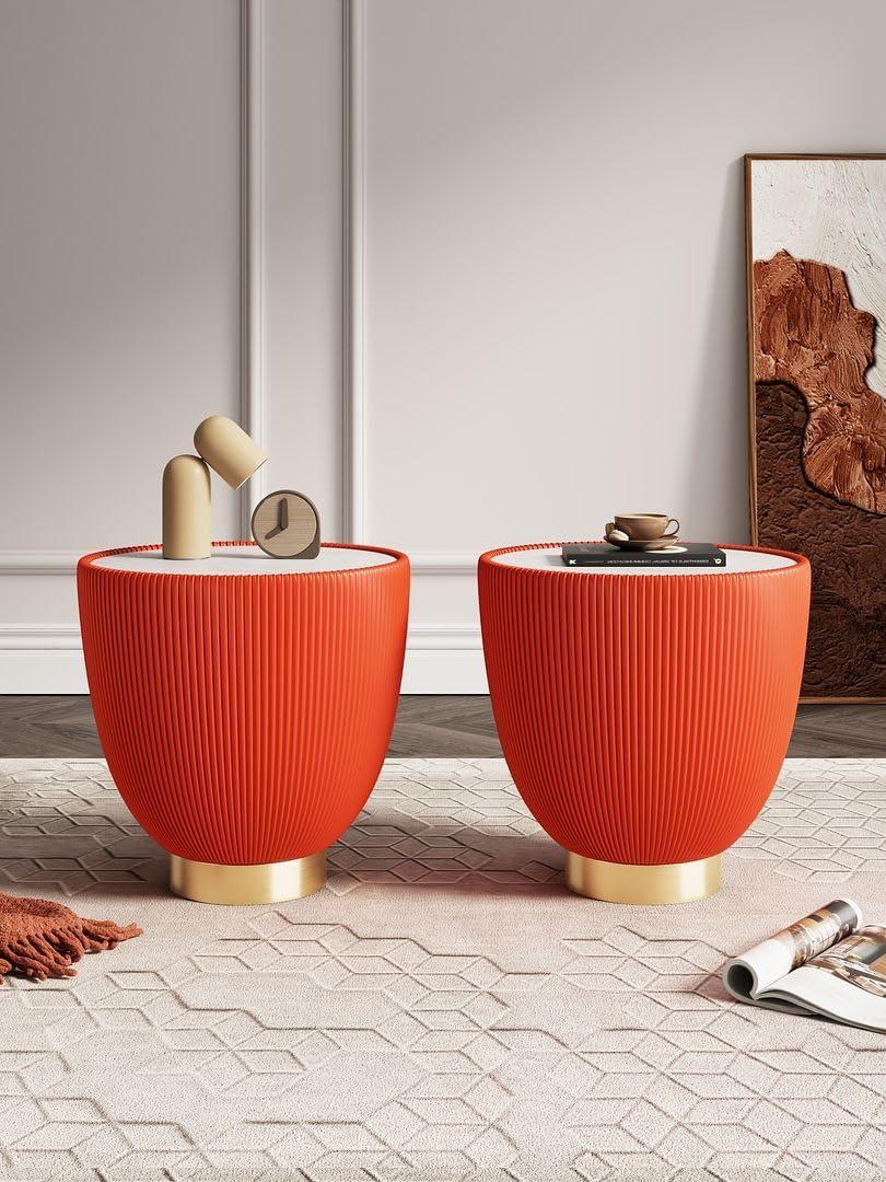 Manhattan Comfort Set of 2 Anderson Leatherette End Tables with Faux Marble Tabletop Orange: Modern Round Side Tables