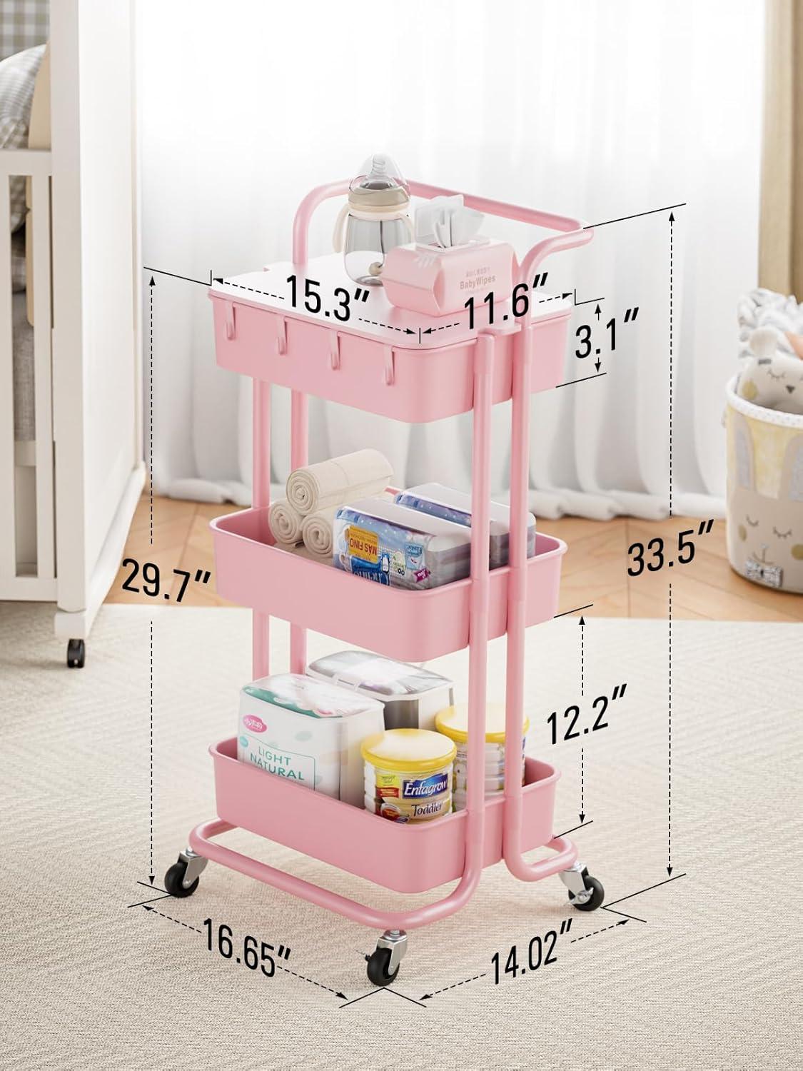 Rolling Storage Cart with Drawer & Table Top, 3 Tier Metal Rolling Utility Cart, Rolling Cart Organizer for Teacher Craft Baby Nursery, Utility Cart for Kitchen Bathroom Bedside Office, Pink