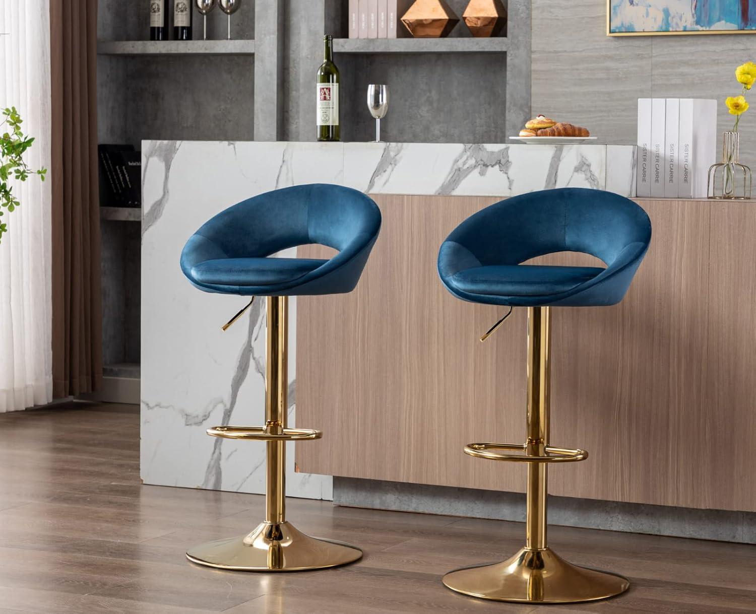 Velvet Bar Stools Set Of 2 Modern Counter Height Barstools With Low Back Ajustable Swivel Kitchen Bar Chairs With Gold Footrest For Home Bar/Dining Room, Green (Set of 2)