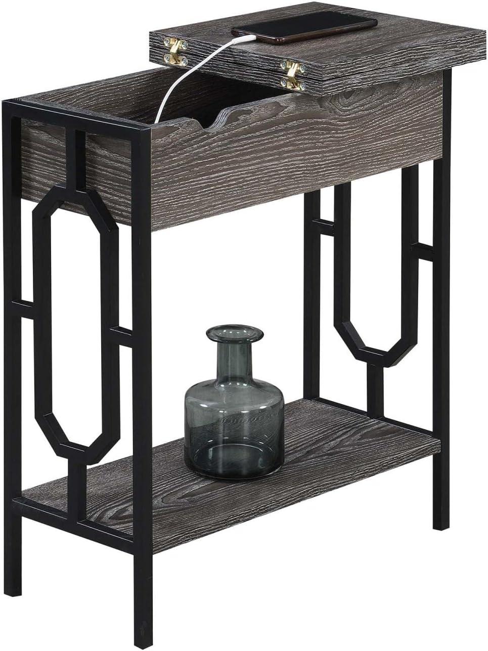 24 in. Omega Flip Top End Table with Charging Station, Weathered Gray Wood & Black