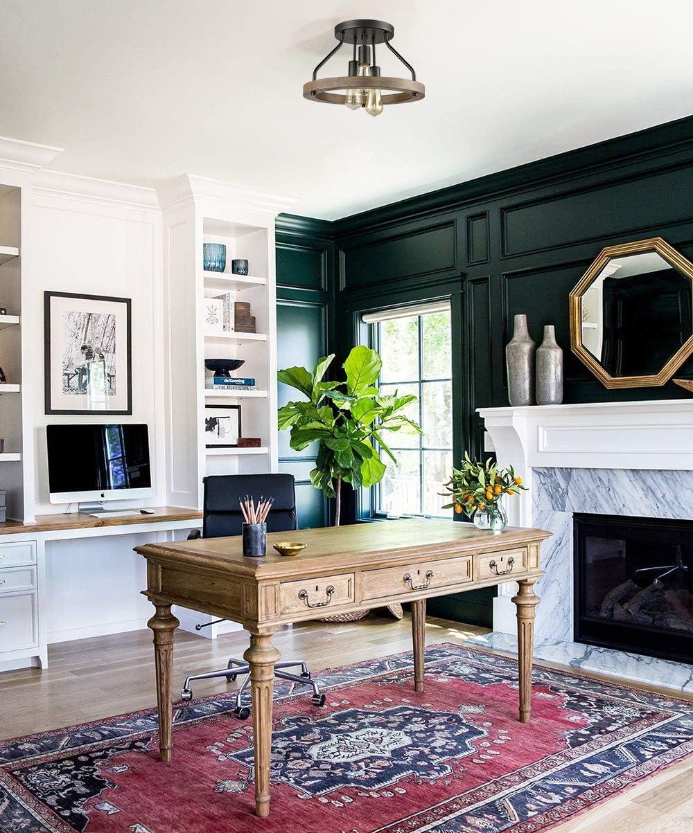 Farmhouse Flush Mount Ceiling Light Black Metal Lighting with Wood Grain Finish