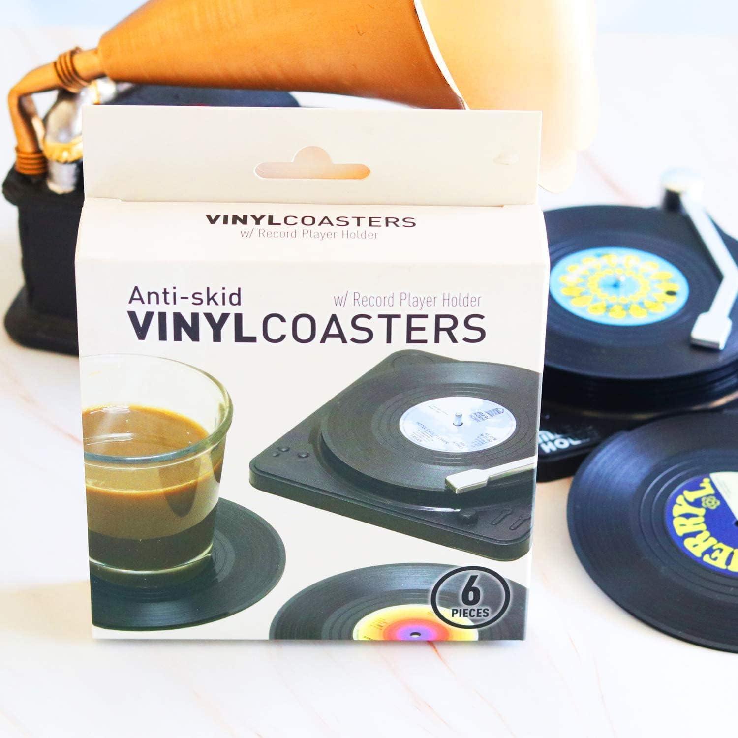 Retro Vinyl Record Coasters with Player Holder Set of 6