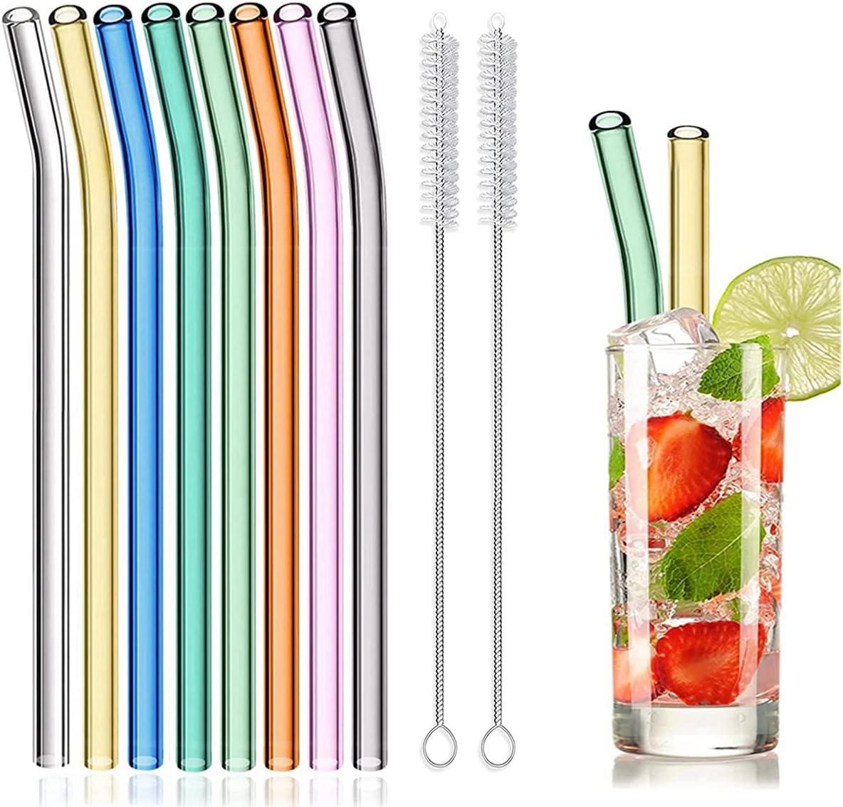 8 Pcs Reusable Glass Straws, 8"x8mm Eco-friendly Drinking Straws for Smoothie, Milkshakes, Tea, Juice, Cocktail Straws, Multi-Color Mixed (8Pcs Bent)