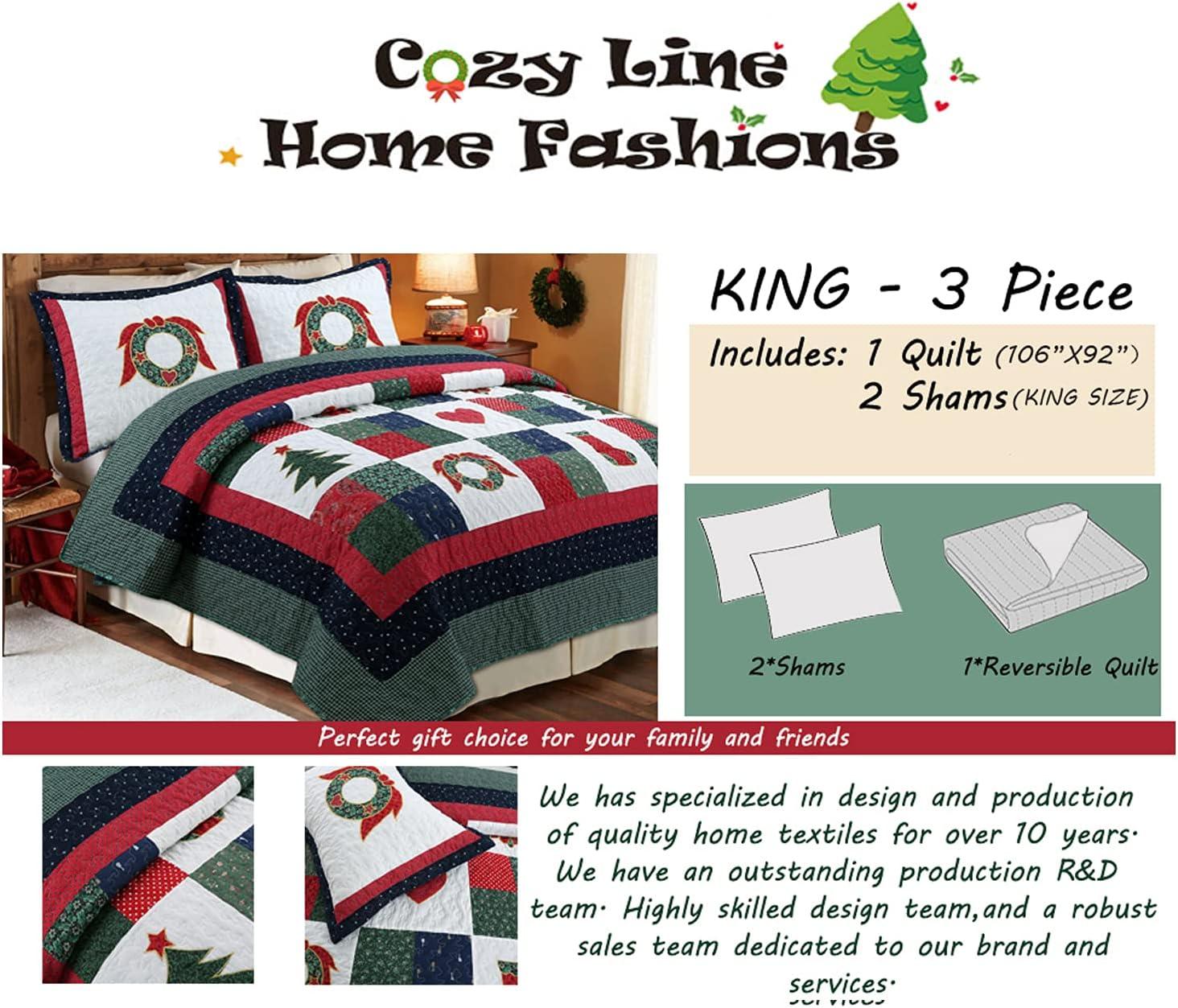 Cozy Line Home Fashion Happy Christmas Christmas Reversible Farmhouse Country Quilt Set
