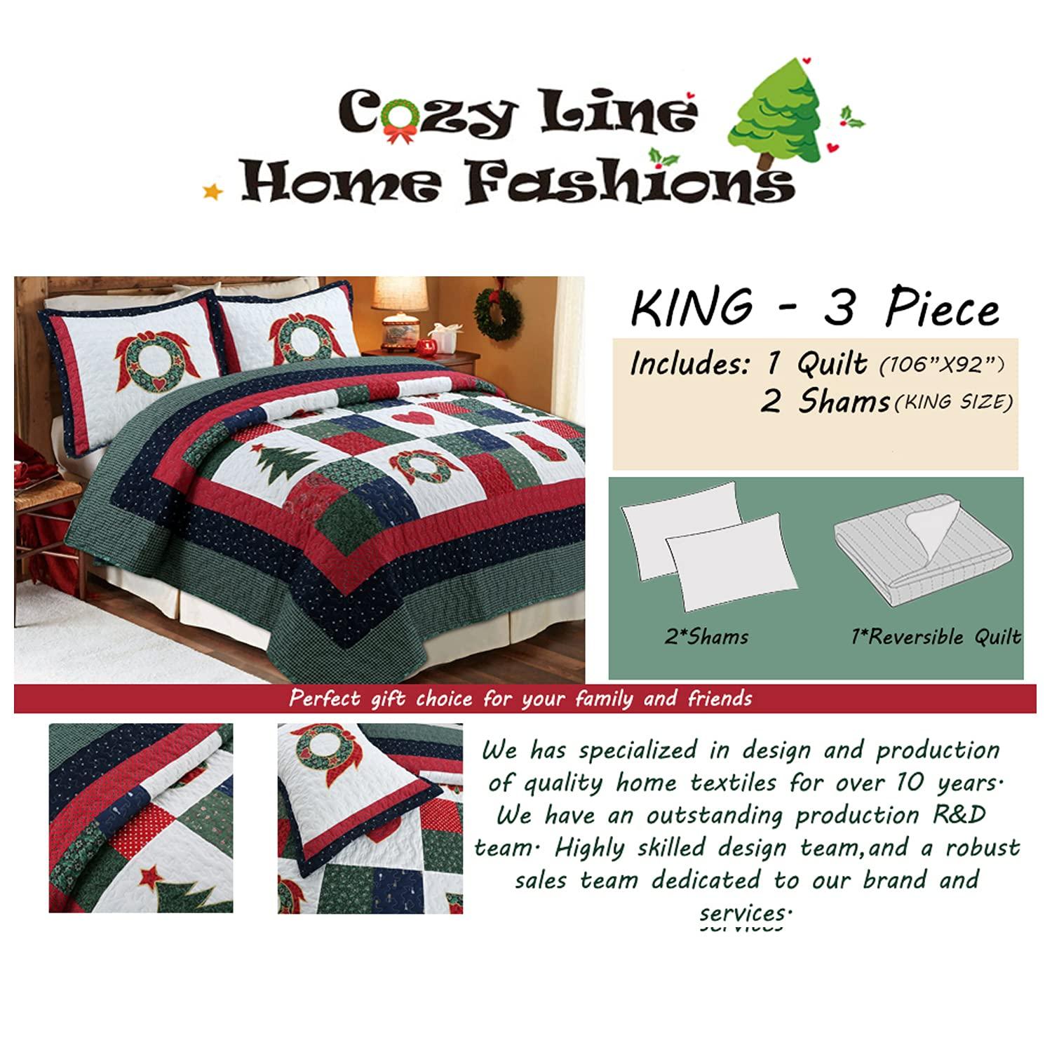 Cozy Line Home Fashion Happy Christmas Christmas Reversible Farmhouse Country Quilt Set