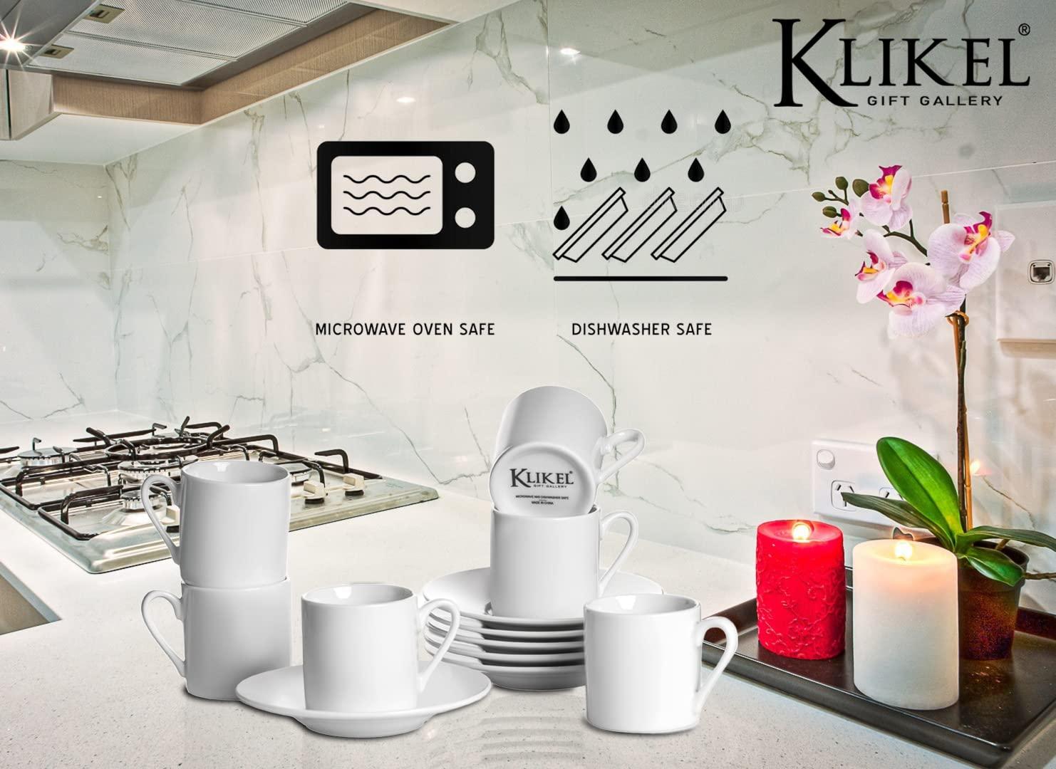 Klikel Tea Cups And Saucers Set - 6 Piece White Coffee Mug Set - 6 Inch Plates And 8.5oz Mugs - Cappuccino Cup And Saucer Set For Latte Cafe Mocha Espresso Bar
