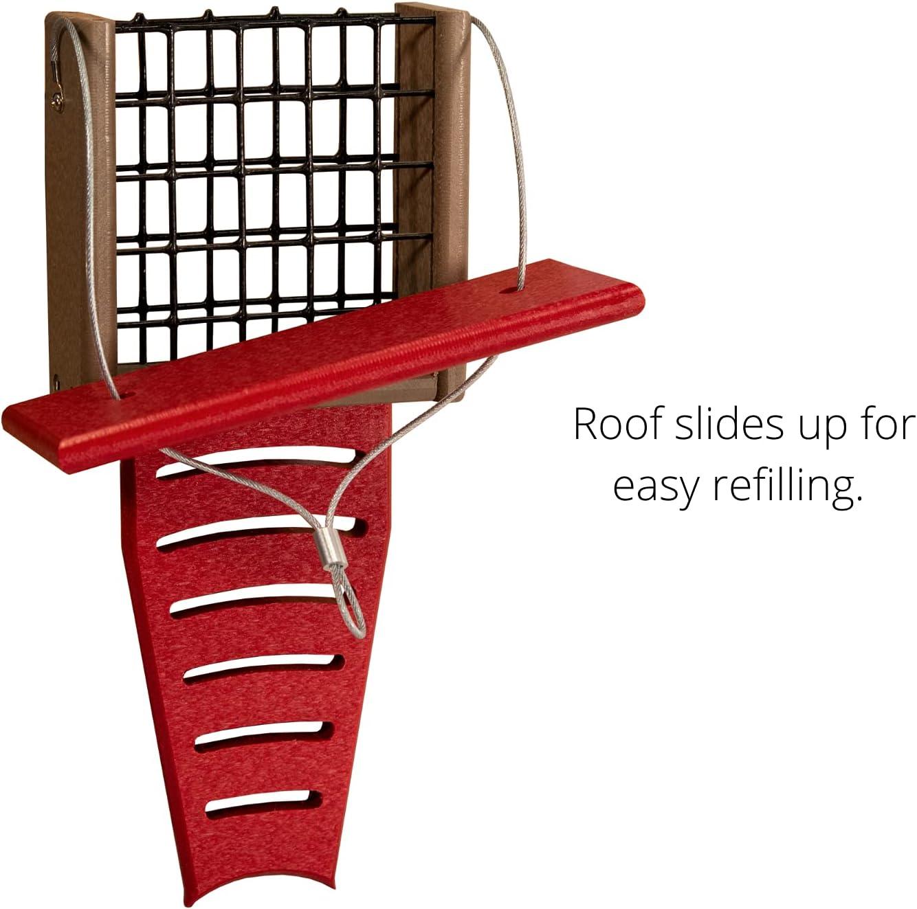 JCs Wildlife Red/Tan Recycled Poly Lumber Single Suet Feeder Tail Prop Bird Feeder - Holds 1 Suet Cake - Long Lasting Suet Cage Feeder